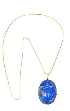 Substantial 1970's Lapis Lazuli 14 Karat Gold Scarab Pendant Necklace