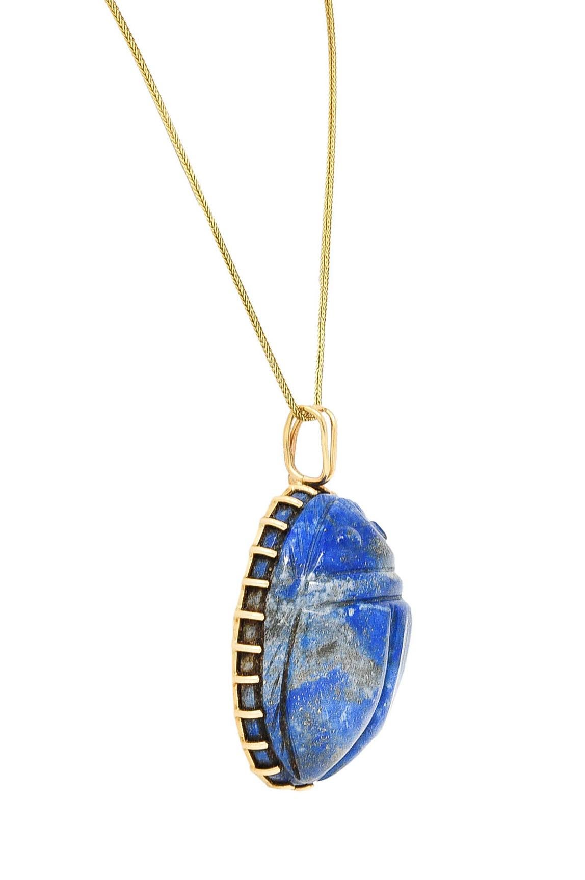 Contemporary Substantial 1970's Lapis Lazuli 14 Karat Gold Scarab Pendant Necklace