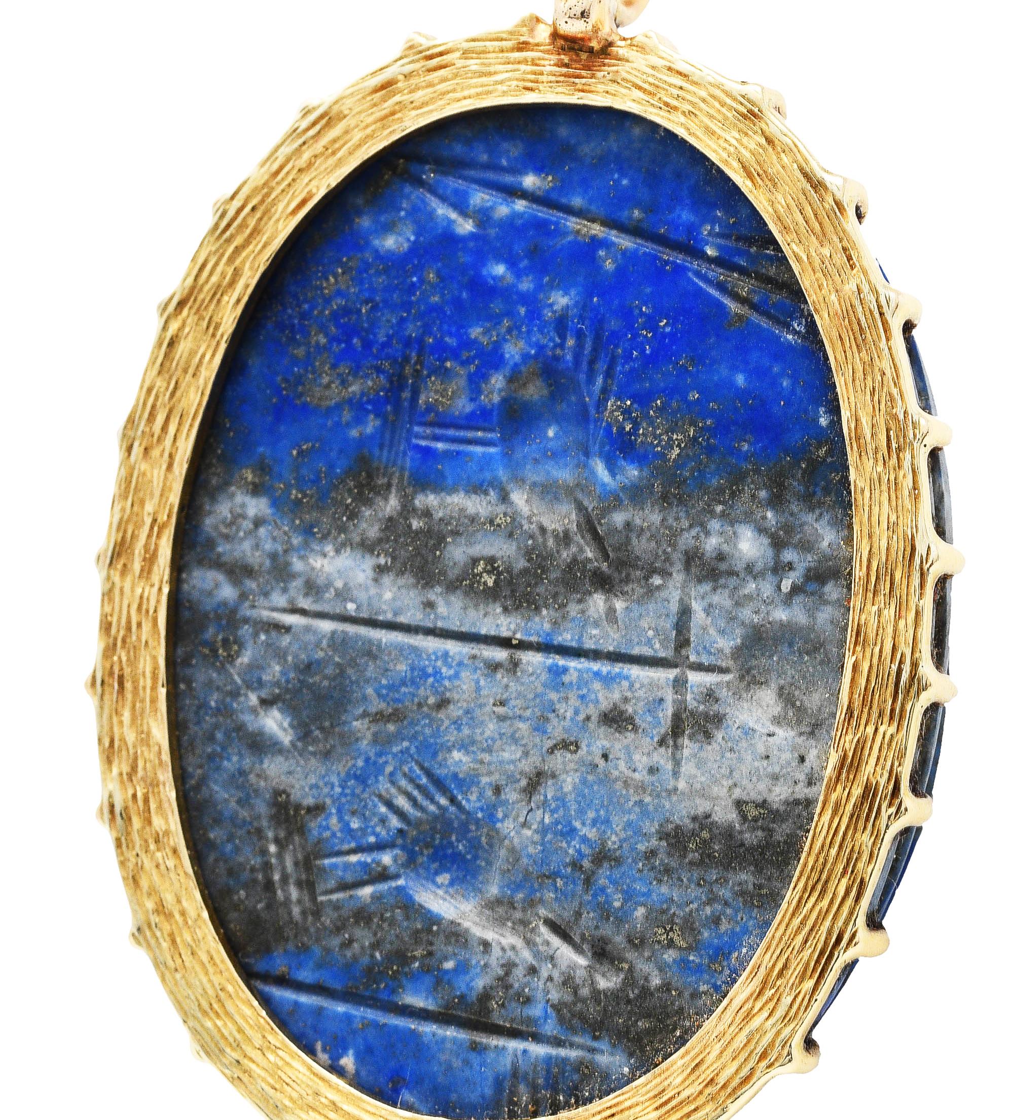 Women's or Men's Substantial 1970's Lapis Lazuli 14 Karat Gold Scarab Pendant Necklace
