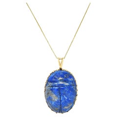 Vintage Substantial 1970's Lapis Lazuli 14 Karat Gold Scarab Pendant Necklace