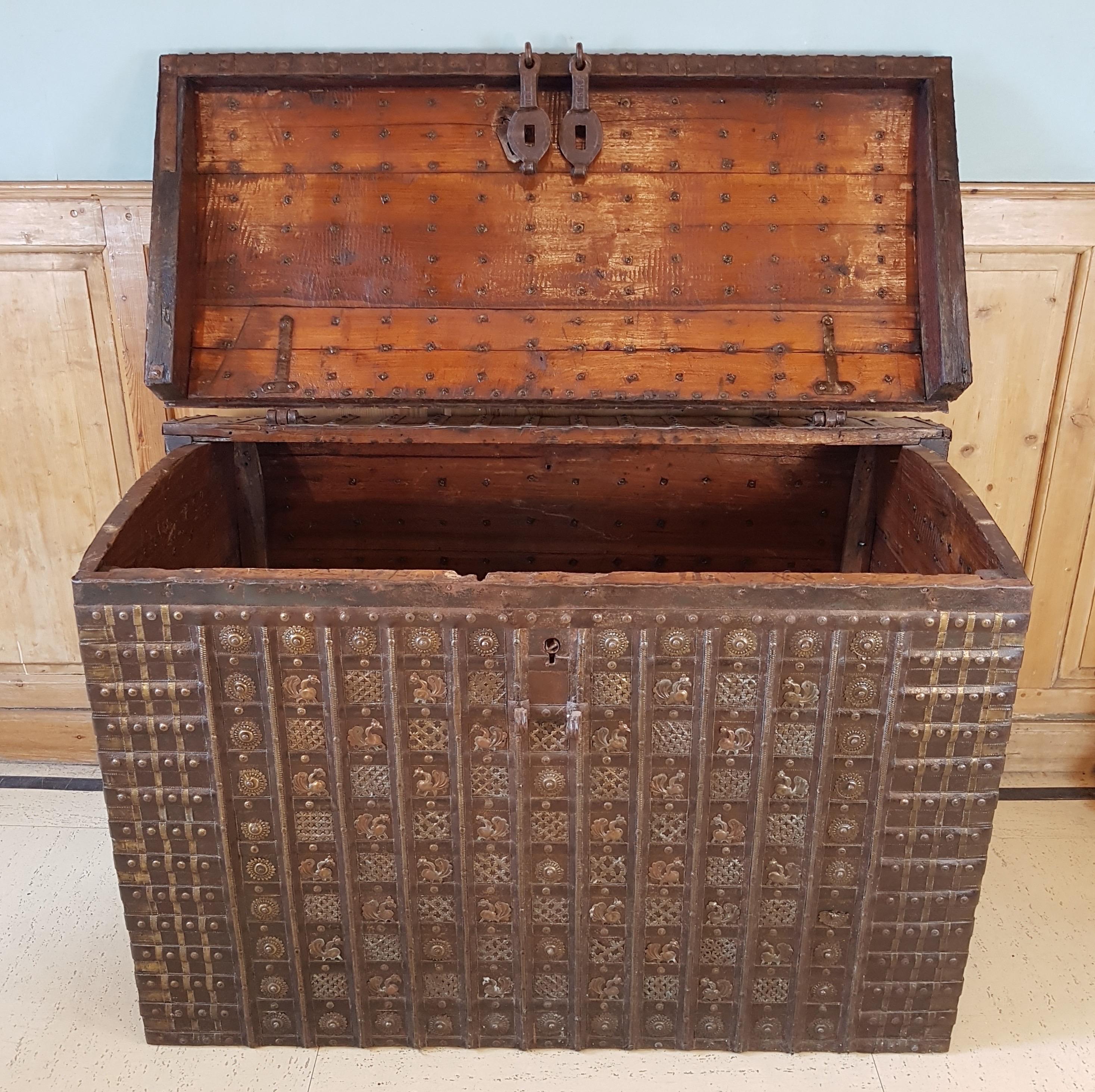 19th Century Substantial 19th C. Rajasthan Iron-banded Damchiya Dowry Chest with Rare Lock For Sale