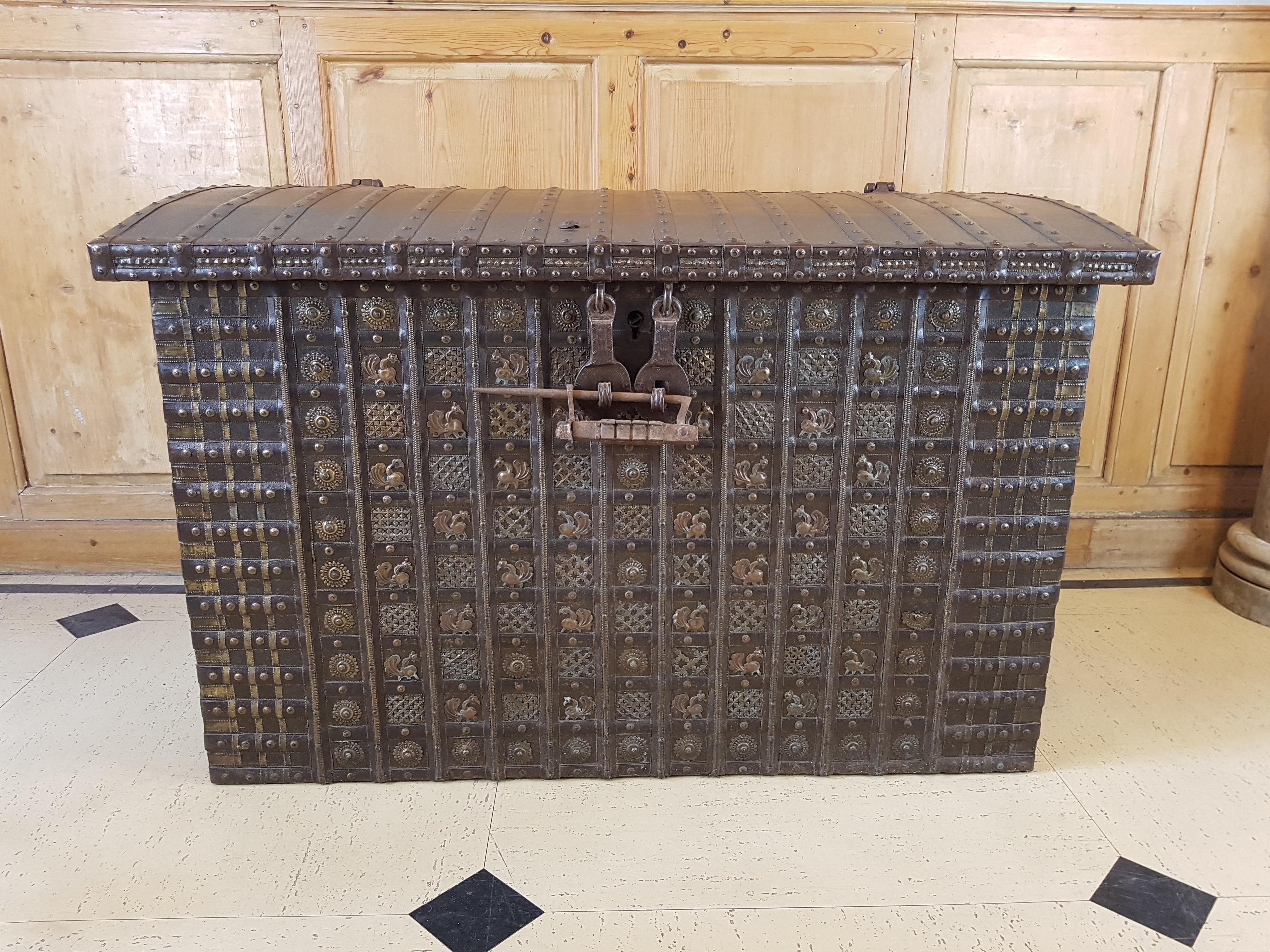 Copper Substantial 19th C. Rajasthan Iron-banded Damchiya Dowry Chest with Rare Lock For Sale
