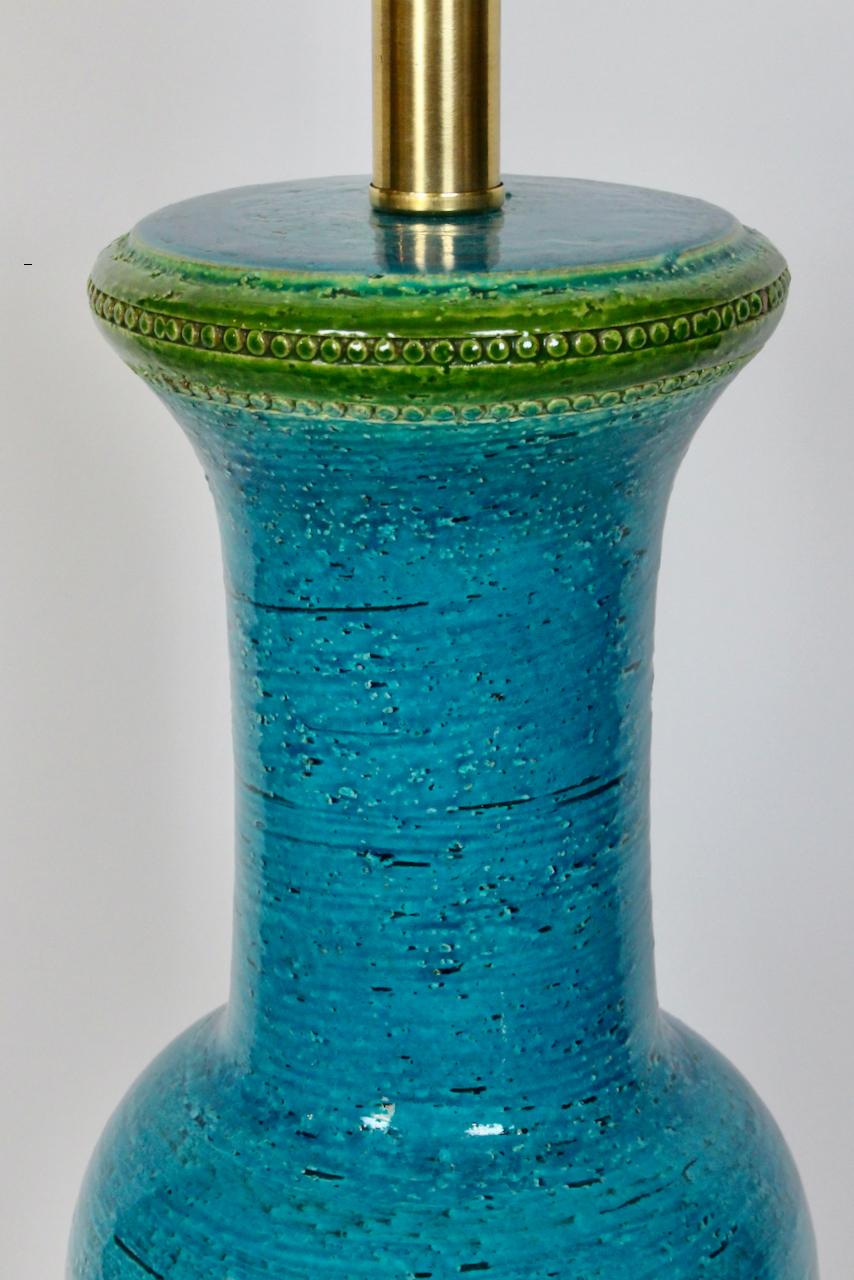 Brass Substantial Aldo Londi Bitossi Turquoise with Top Green Stripe Table Lamp, 1950s For Sale