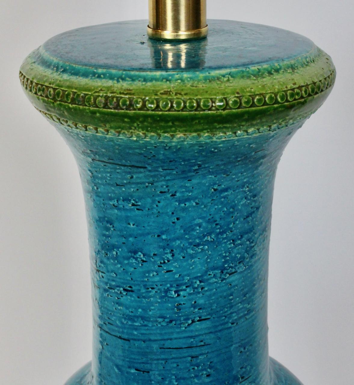 Substantial Aldo Londi Bitossi Turquoise with Top Green Stripe Table Lamp, 1950s For Sale 1