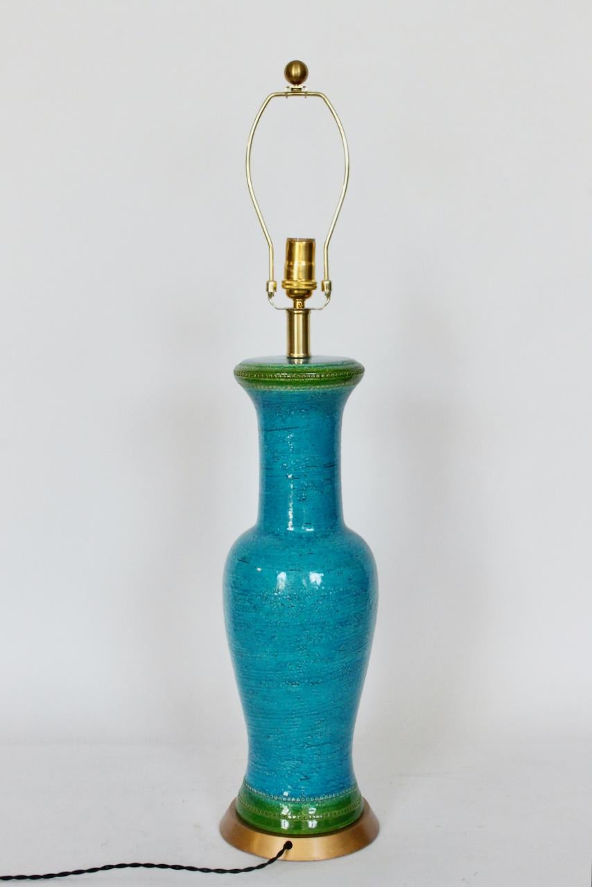 Substantial Aldo Londi Bitossi Turquoise with Top Green Stripe Table Lamp, 1950s For Sale 5