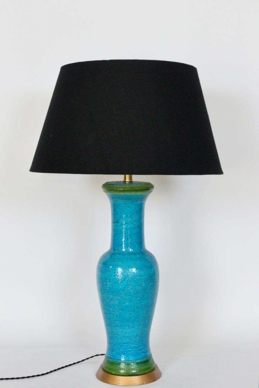 Substantial Aldo Londi Bitossi Turquoise Table Lamp with Green Stripe, 1950s For Sale 6