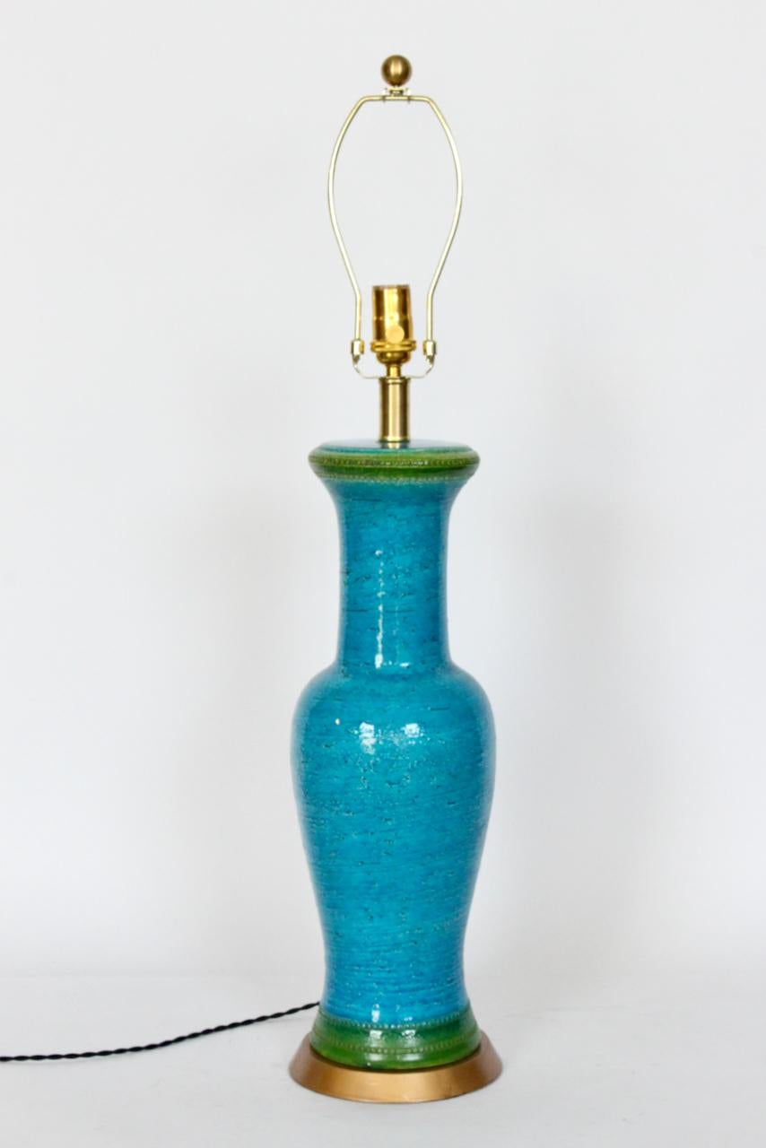 Mid-Century Modern Substantial Aldo Londi Bitossi Turquoise with Top Green Stripe Table Lamp, 1950s For Sale