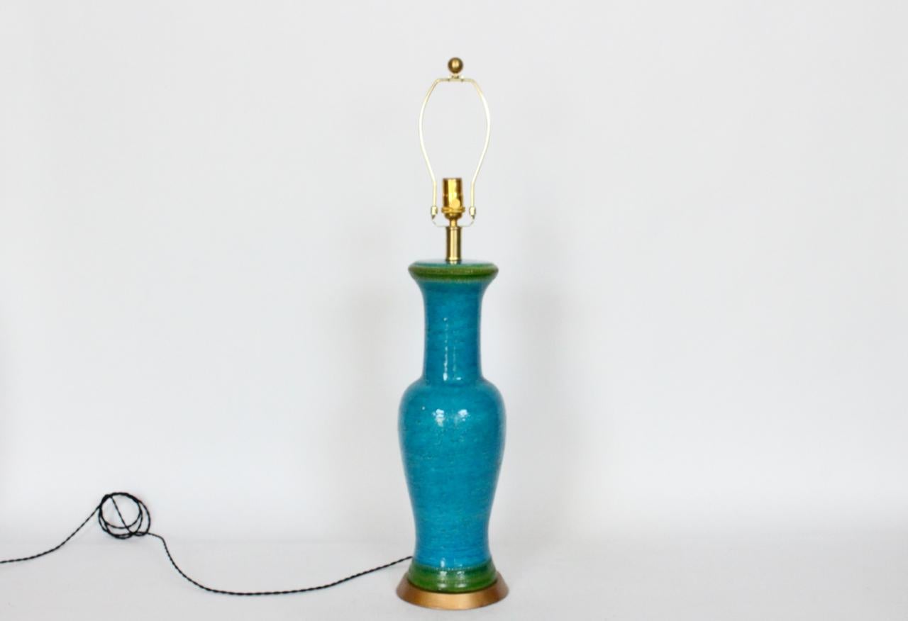 Italian Substantial Aldo Londi Bitossi Turquoise with Top Green Stripe Table Lamp, 1950s For Sale