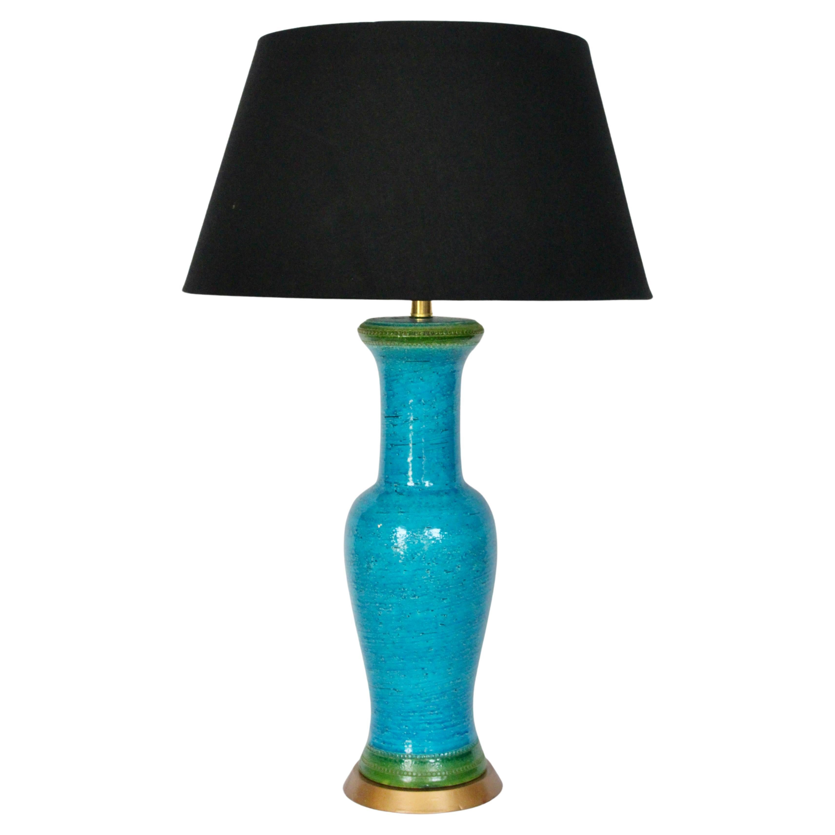 Substantial Aldo Londi Bitossi Turquoise with Top Green Stripe Table Lamp, 1950s For Sale