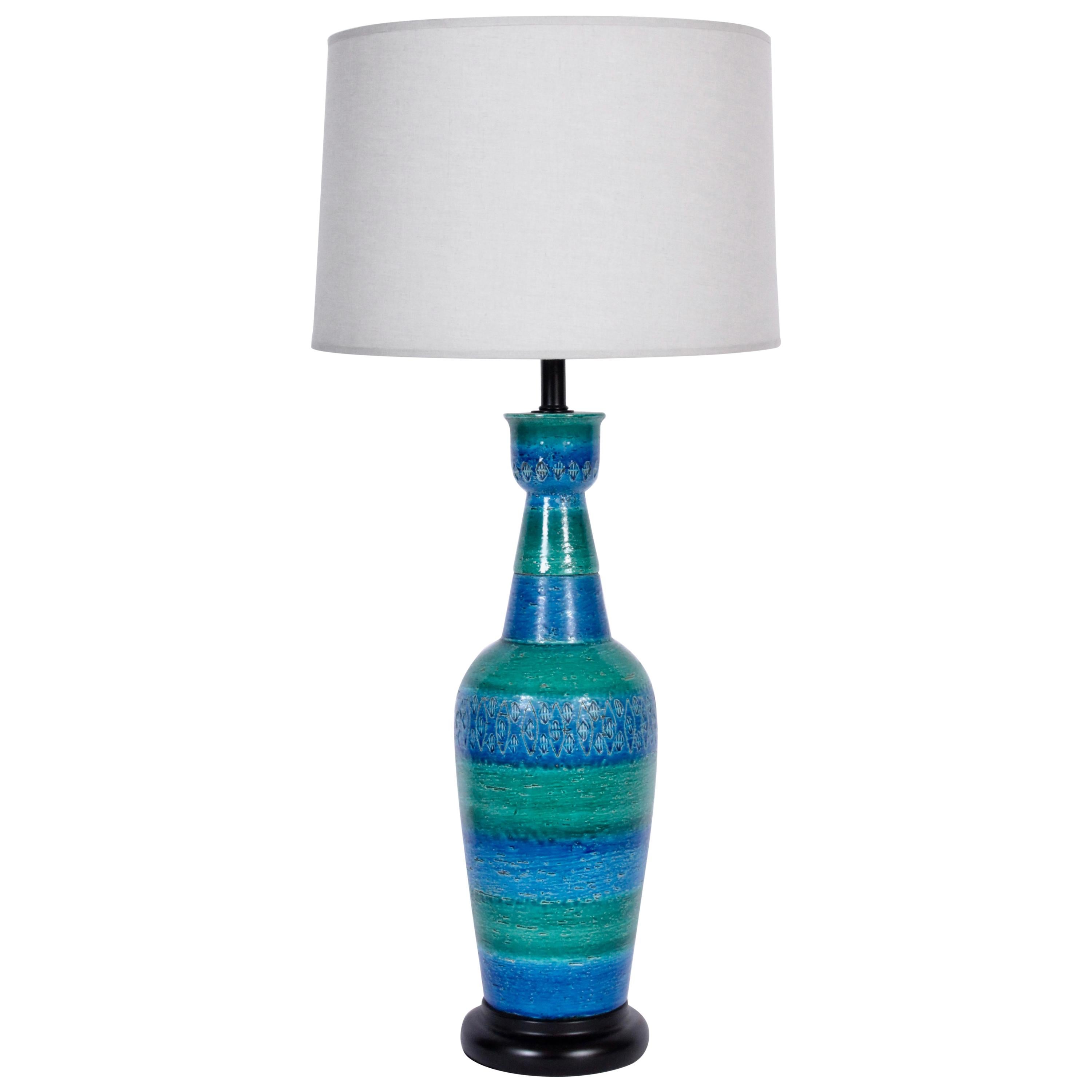 Substantial Aldo Londi Bitossi Incised Blue & Green Table Lamp, 1950's
