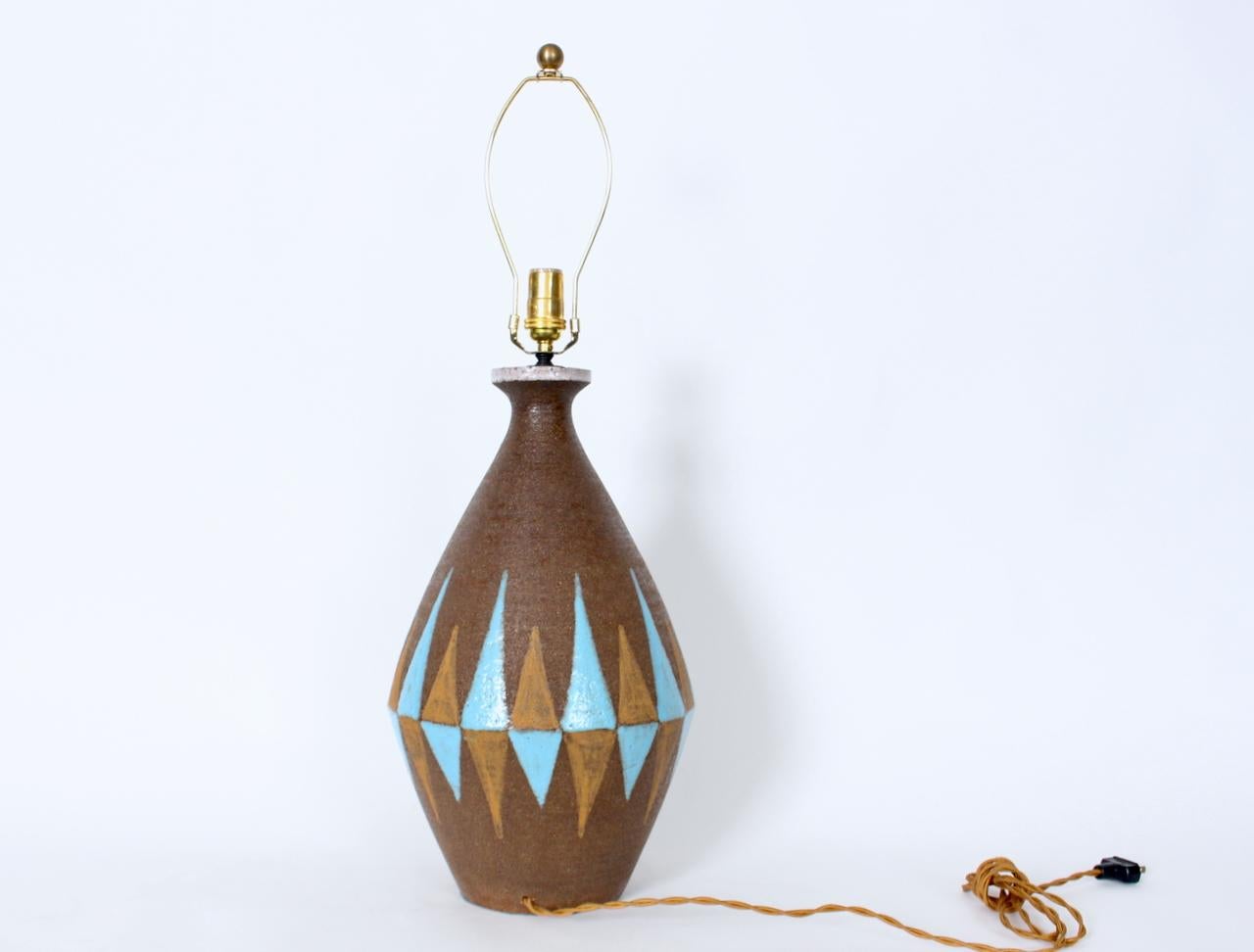 Glazed Substantial Aldo Londi for Bitossi Cocoa, Chocolate & Blue Pottery Table Lamp For Sale