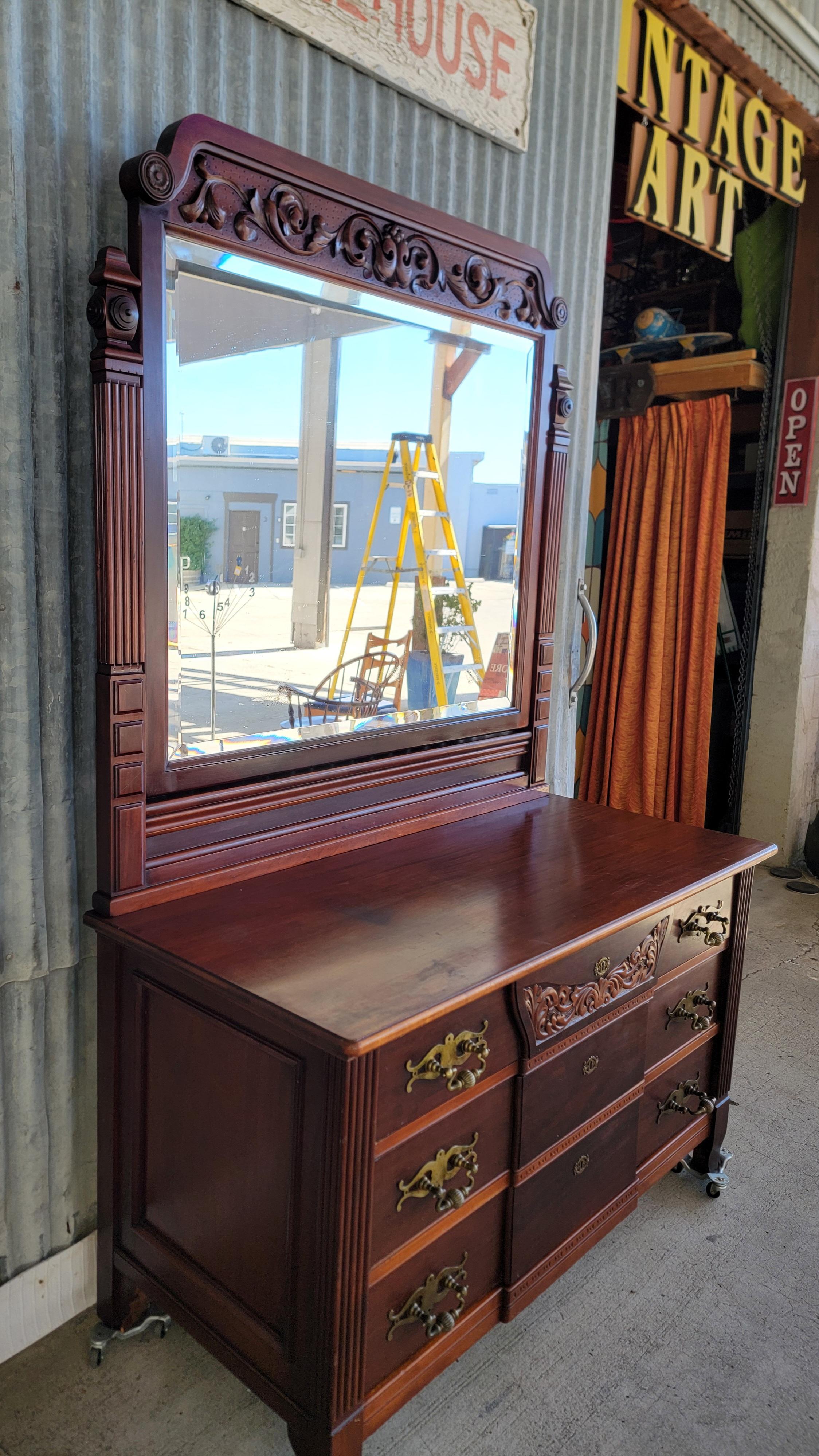 Substantial American Victorian Dresser & Beveled Mirror For Sale 11