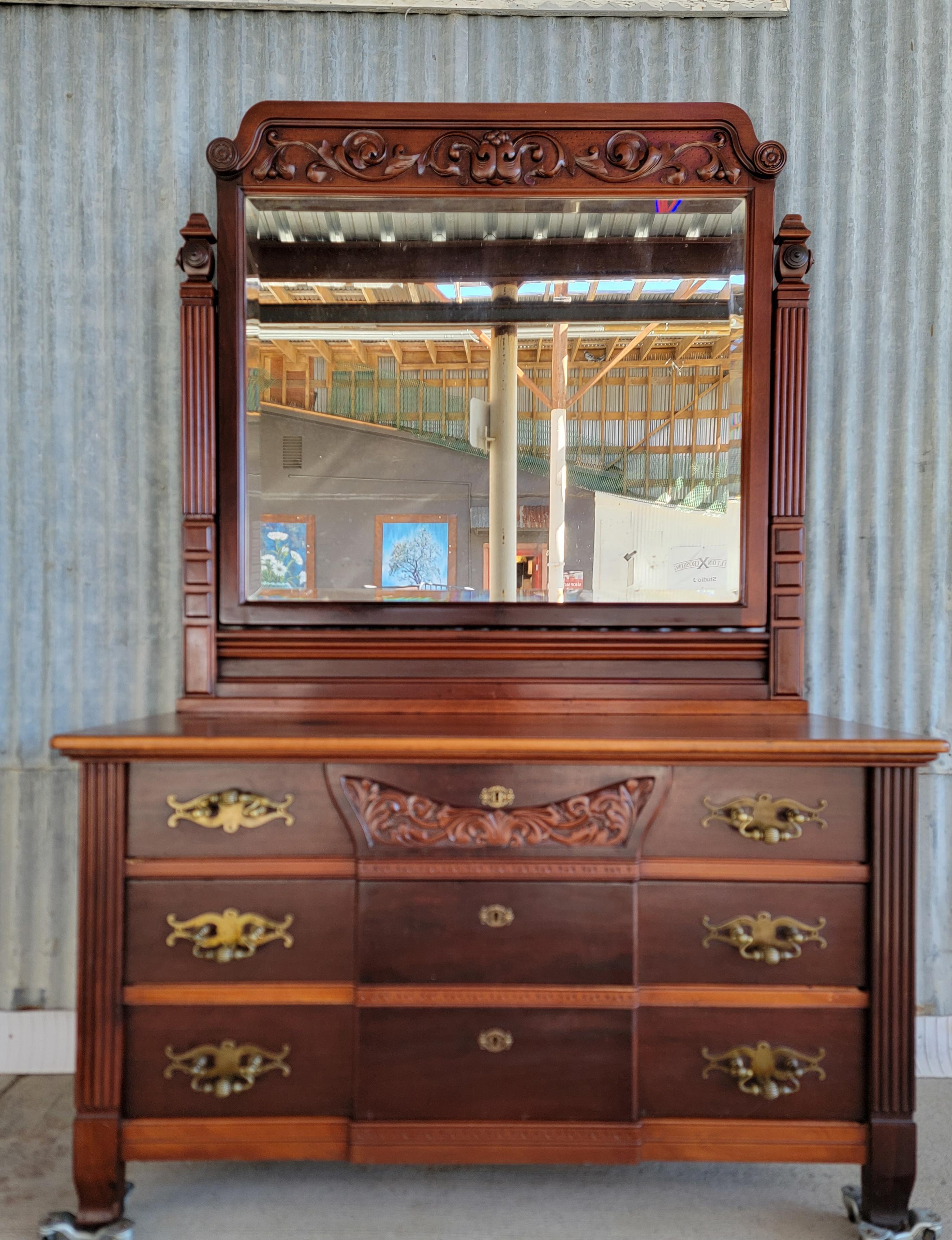Substantial American Victorian Dresser & Beveled Mirror For Sale 12