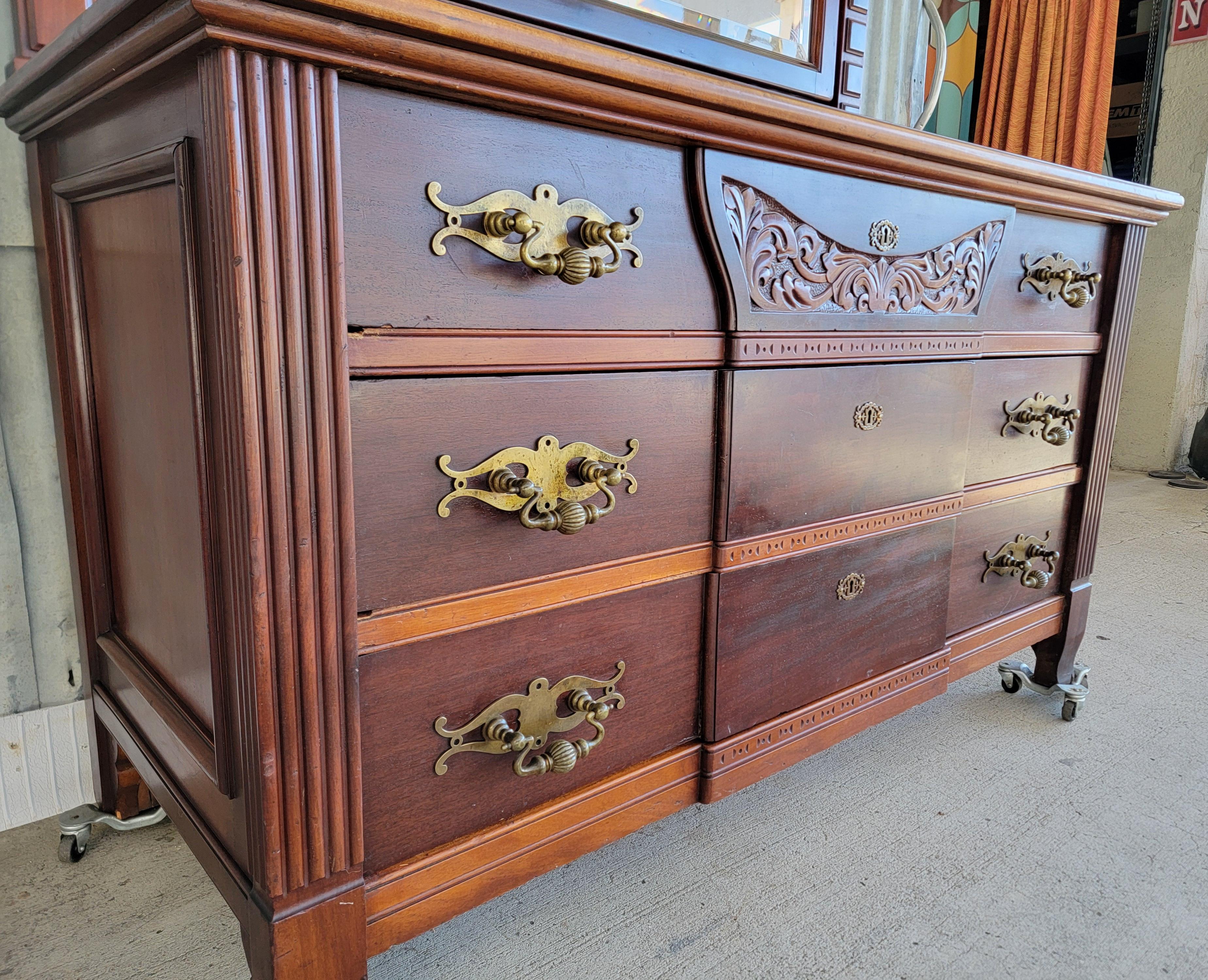 19th Century Substantial American Victorian Dresser & Beveled Mirror For Sale