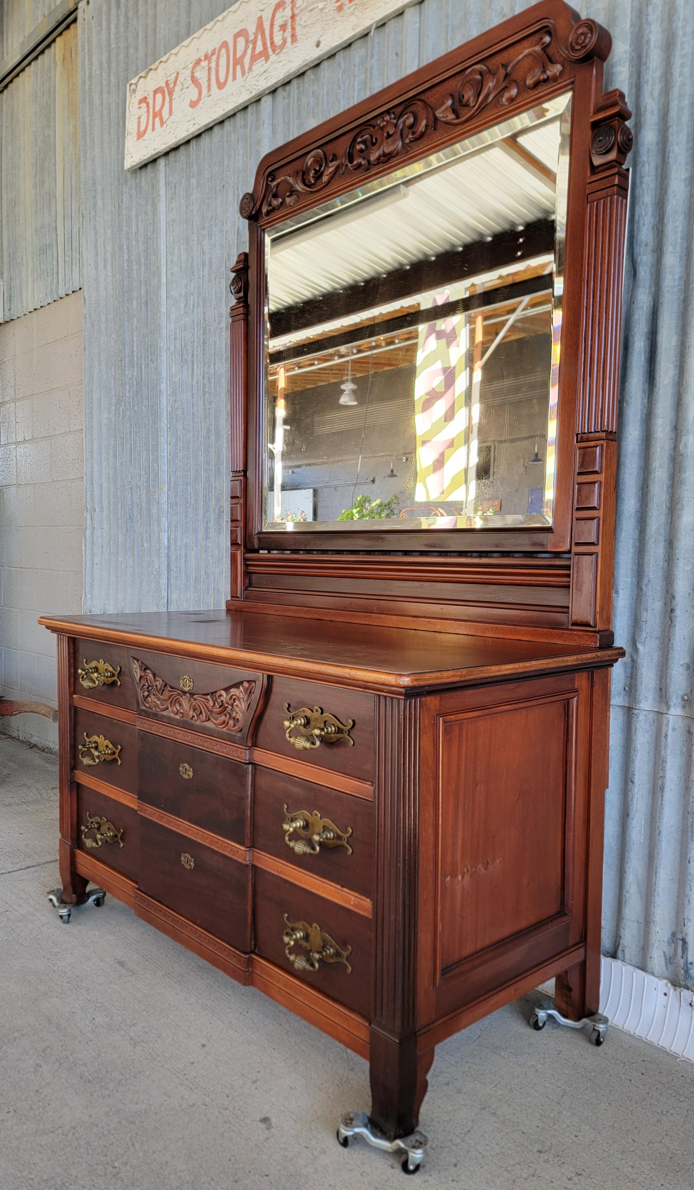 Brass Substantial American Victorian Dresser & Beveled Mirror For Sale