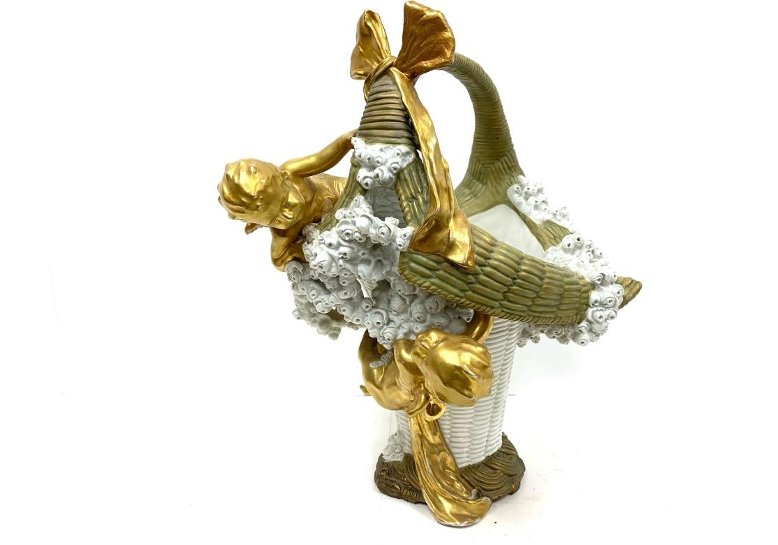 Neoclassical Substantial Antique Amphora Porcelain Basket With Cherubs & Roses For Sale