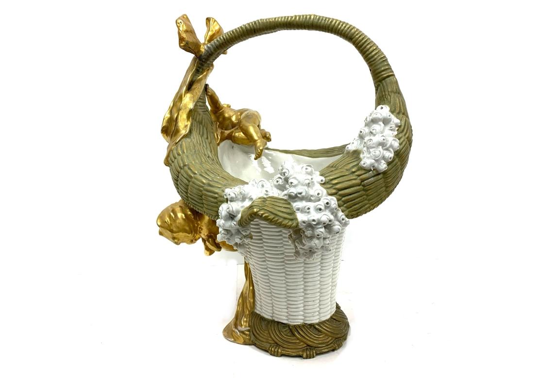 Czech Substantial Antique Amphora Porcelain Basket With Cherubs & Roses For Sale
