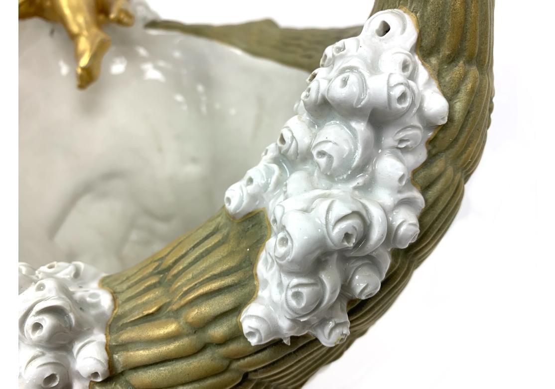 Substantial Antique Amphora Porcelain Basket With Cherubs & Roses In Distressed Condition For Sale In Bridgeport, CT