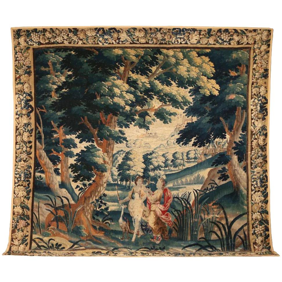 Substantial Antique Flemish Tapestry Featuring Figures and Castle