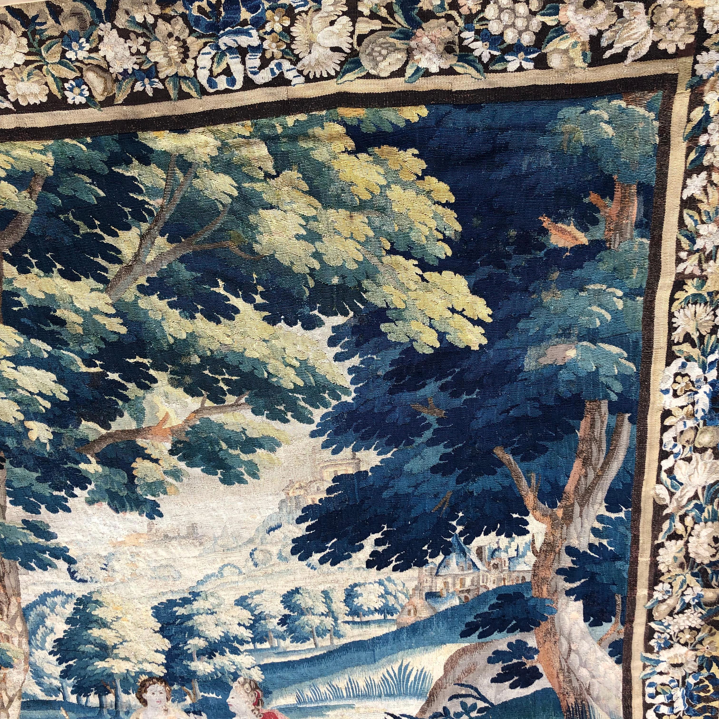 Substantial Antique Flemish Verdue Tapestry Featuring Figures and Castle In Excellent Condition In Wiscasset, ME