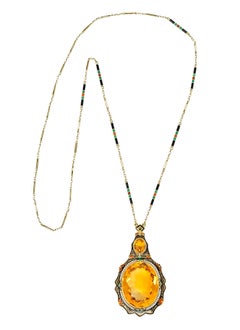 Substantial Art Deco Citrine Pearl Enamel 14 Karat Gold Statement Necklace
