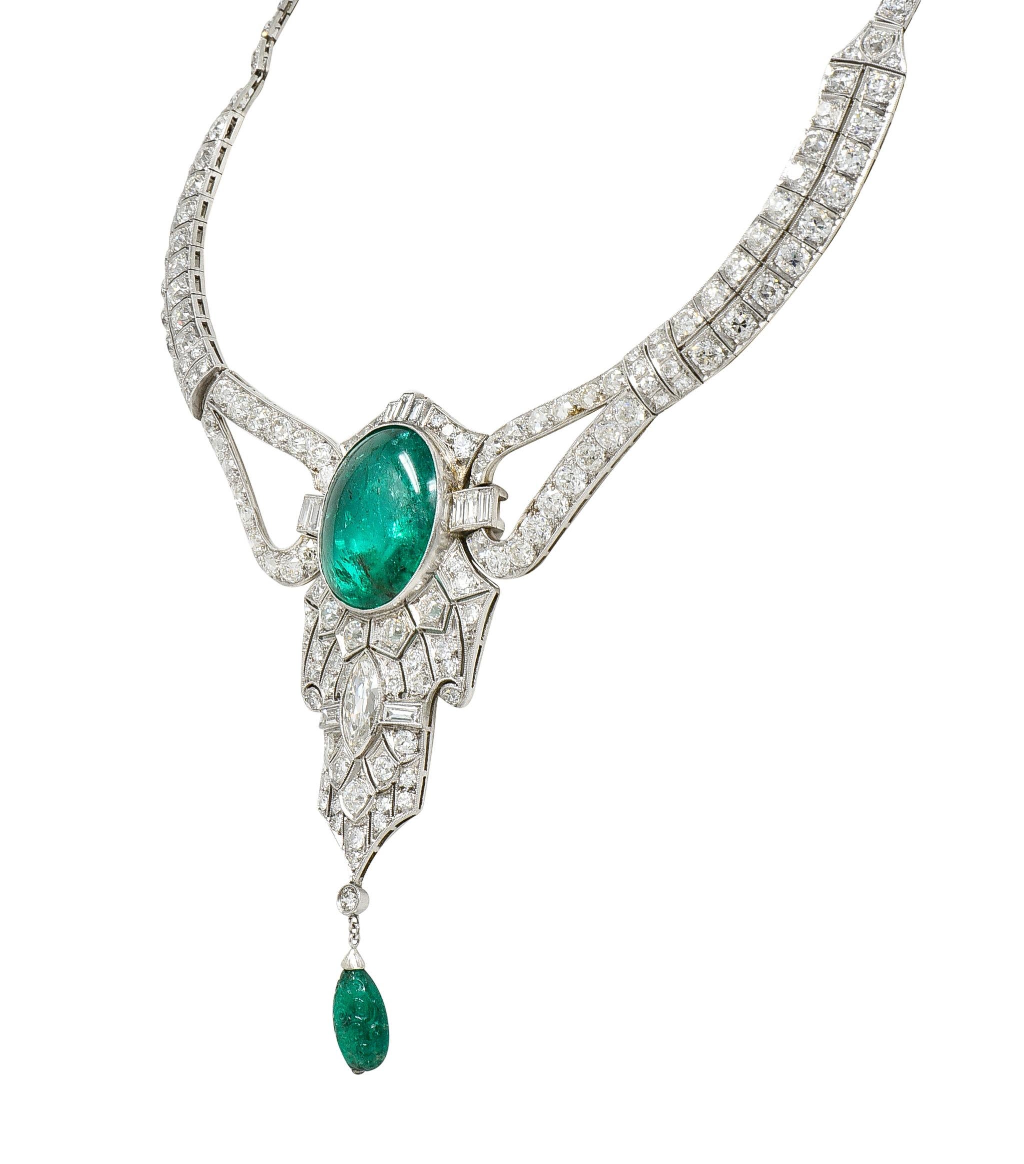 Substantial Art Deco Emerald Diamond Platinum Vintage Station Drop Necklace 7