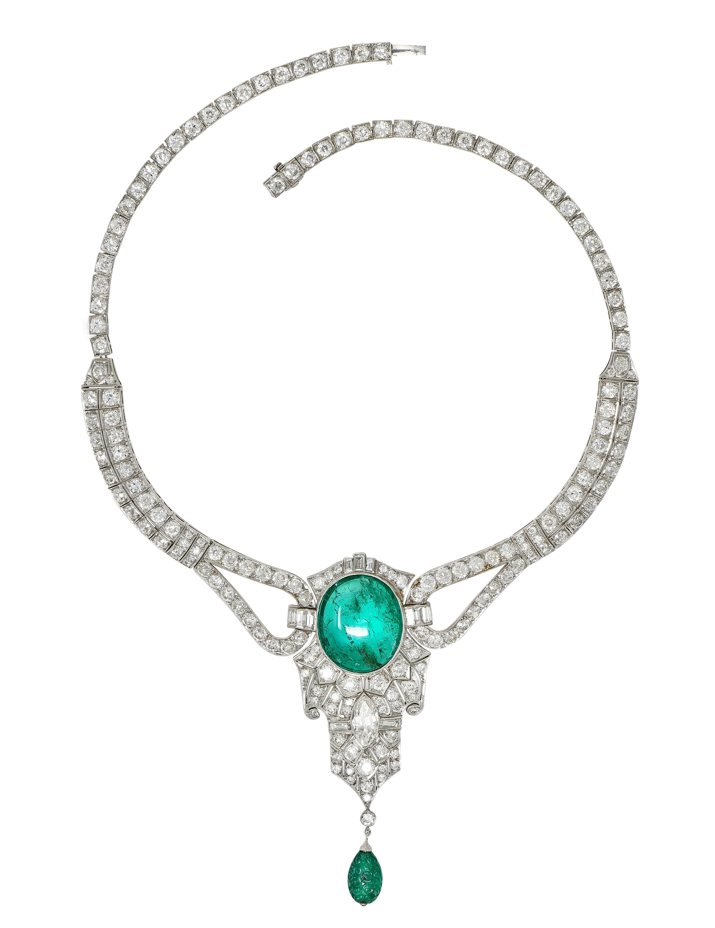 Marquise Cut Substantial Art Deco Emerald Diamond Platinum Vintage Station Drop Necklace