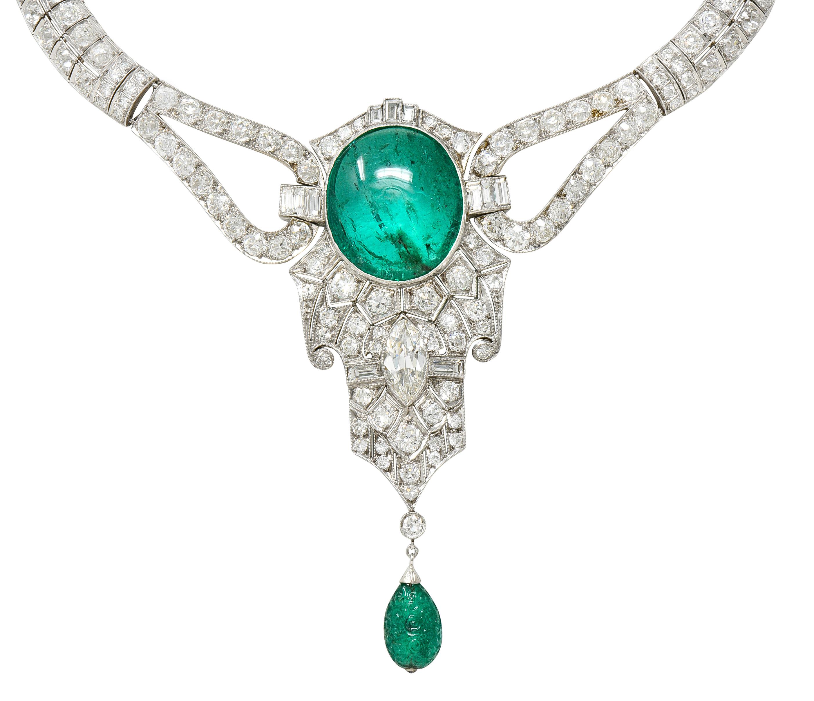 Women's or Men's Substantial Art Deco Emerald Diamond Platinum Vintage Station Drop Necklace