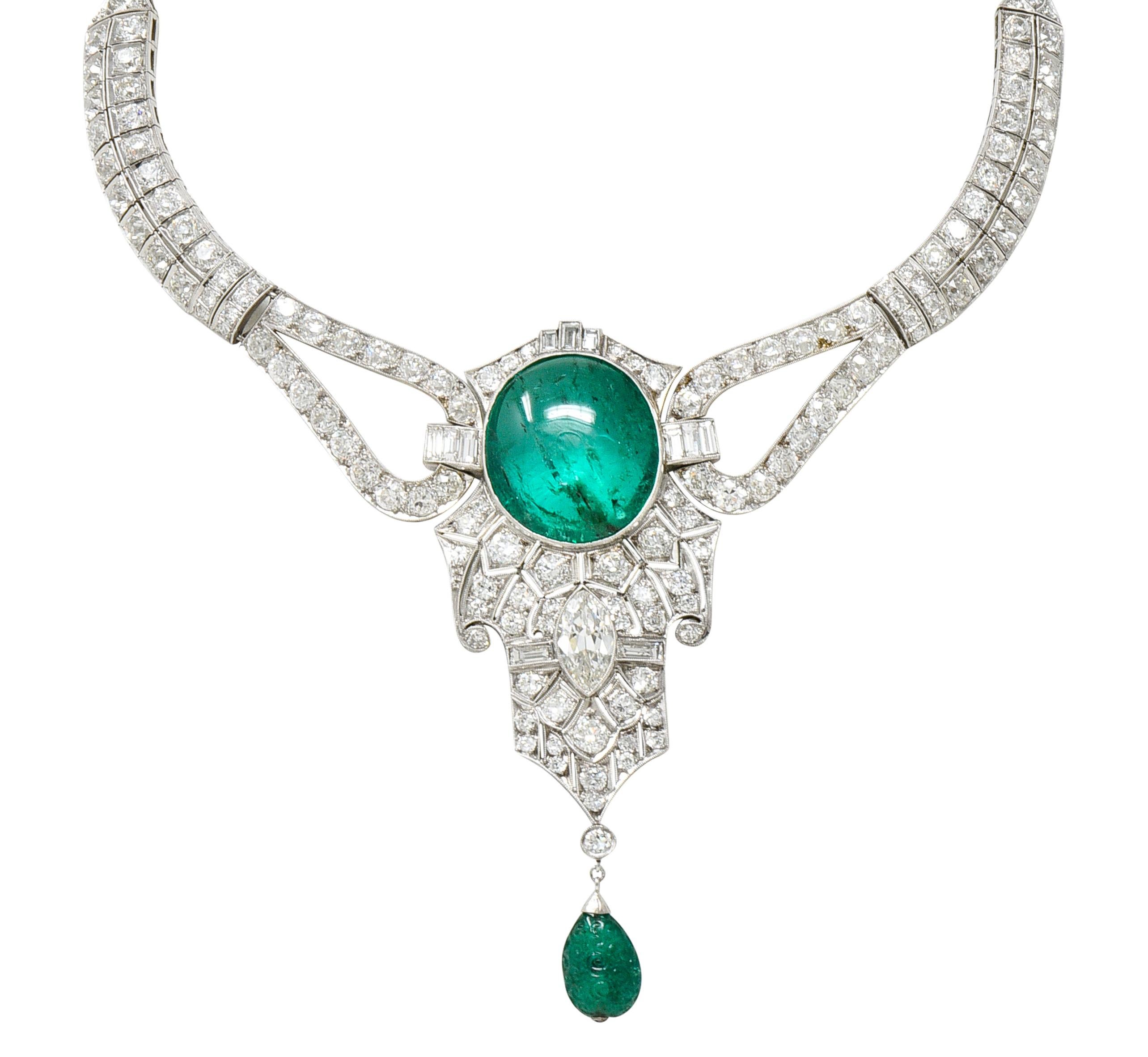 Substantial Art Deco Emerald Diamond Platinum Vintage Station Drop Necklace 4
