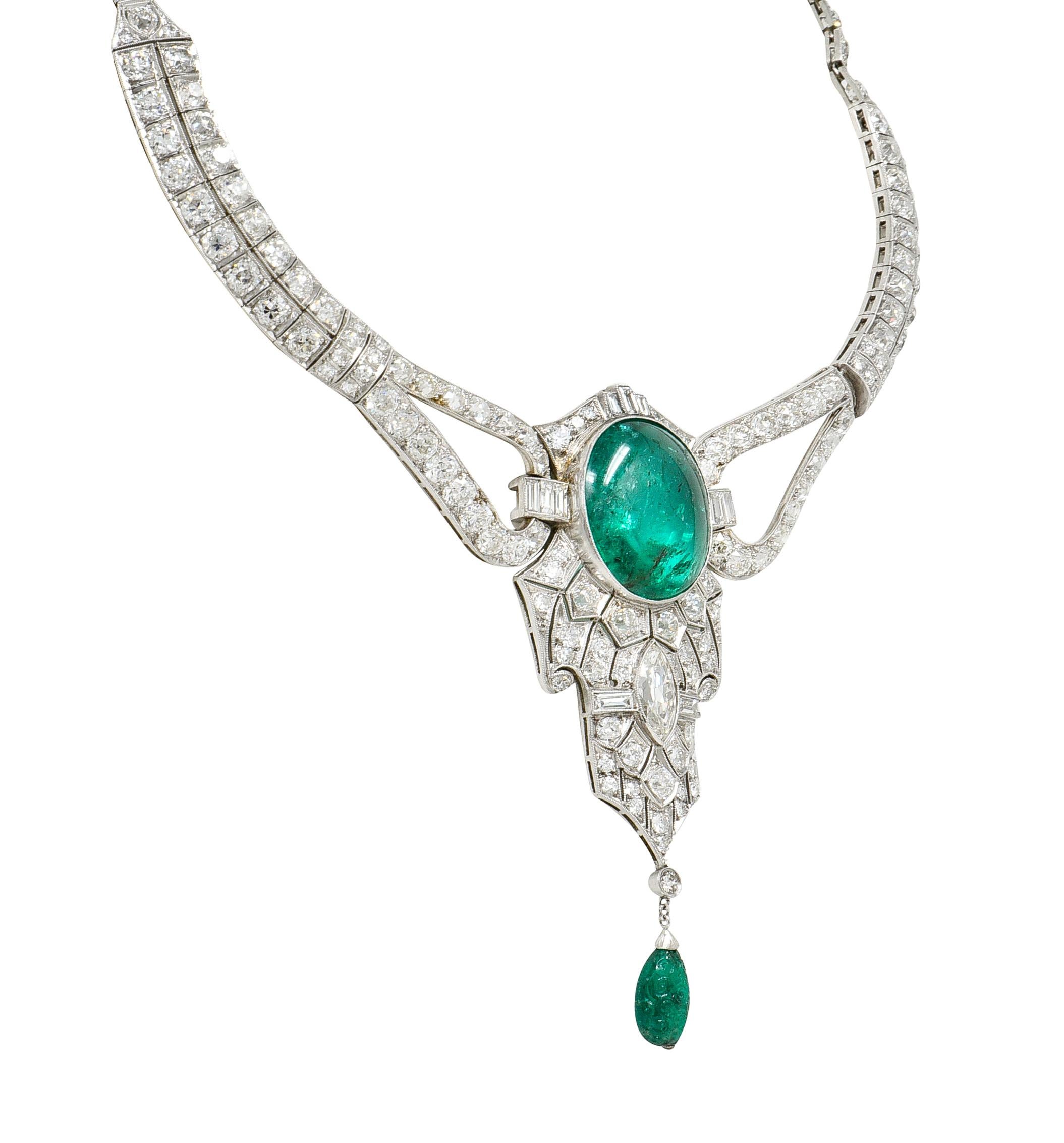 Substantial Art Deco Emerald Diamond Platinum Vintage Station Drop Necklace 5