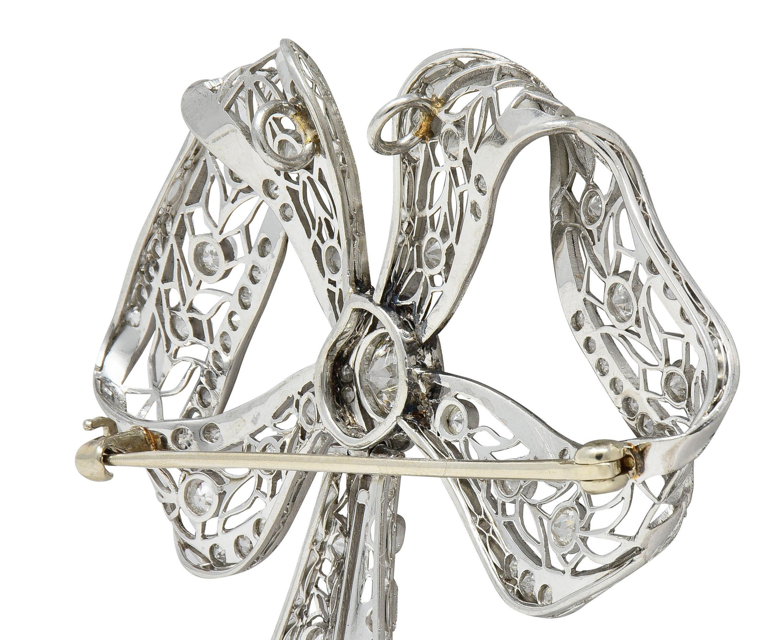 Substantial Belle Epoque Diamante Platino Antiguo Broche Colgante Lazo Tremblant en venta 1
