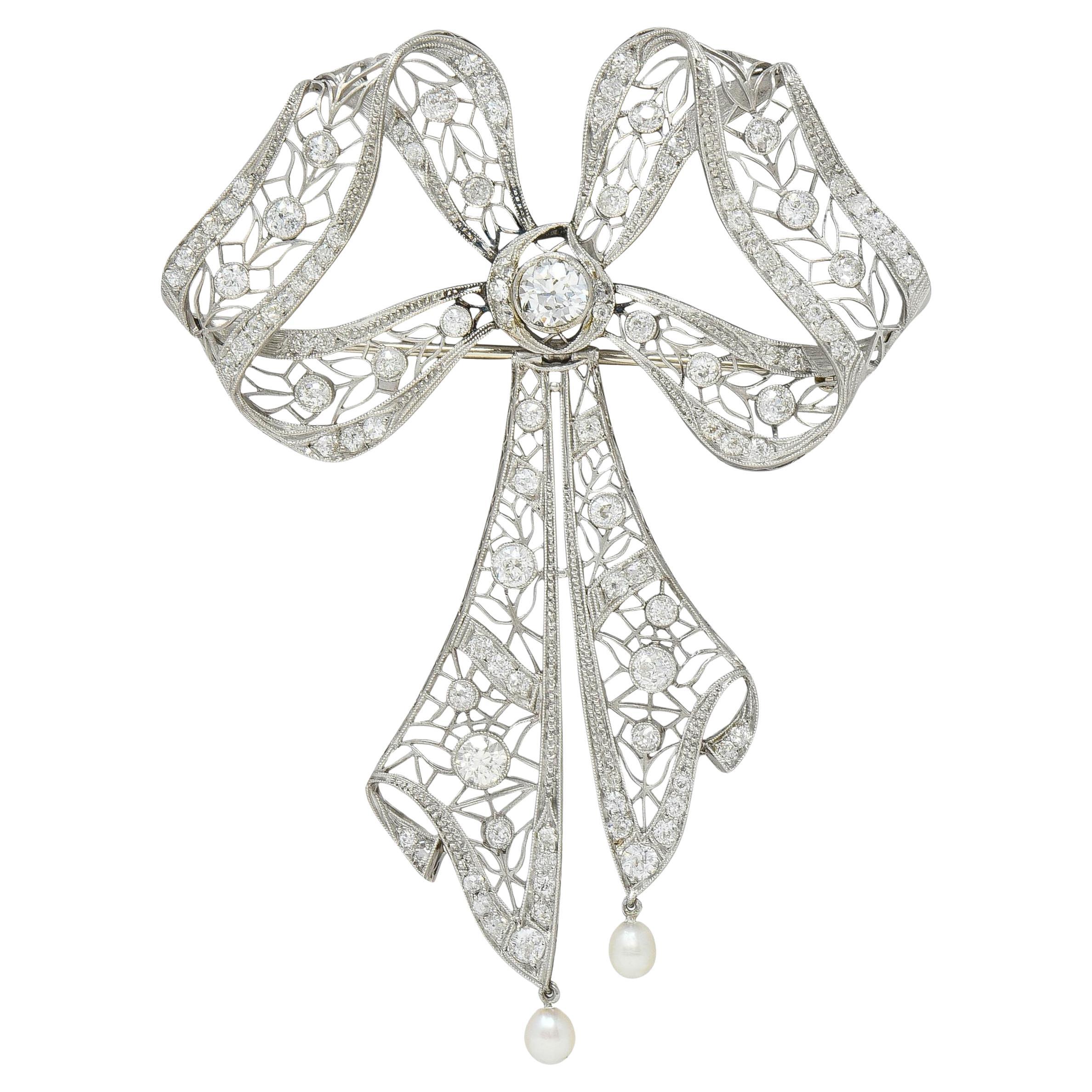 Substantial Belle Epoque Diamante Platino Antiguo Broche Colgante Lazo Tremblant en venta