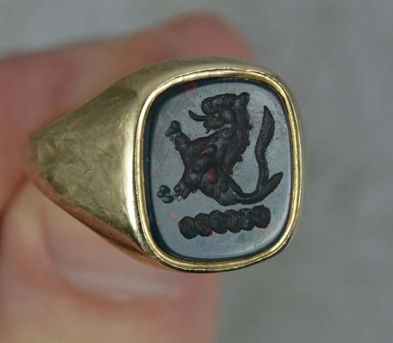 Victorian Substantial Bloodstone Intaglio and Yellow Gold Unisex Signet Lion Seal Ring