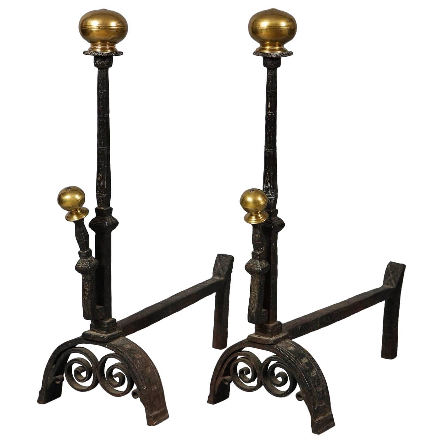Substantial Bronze and Iron Andirons