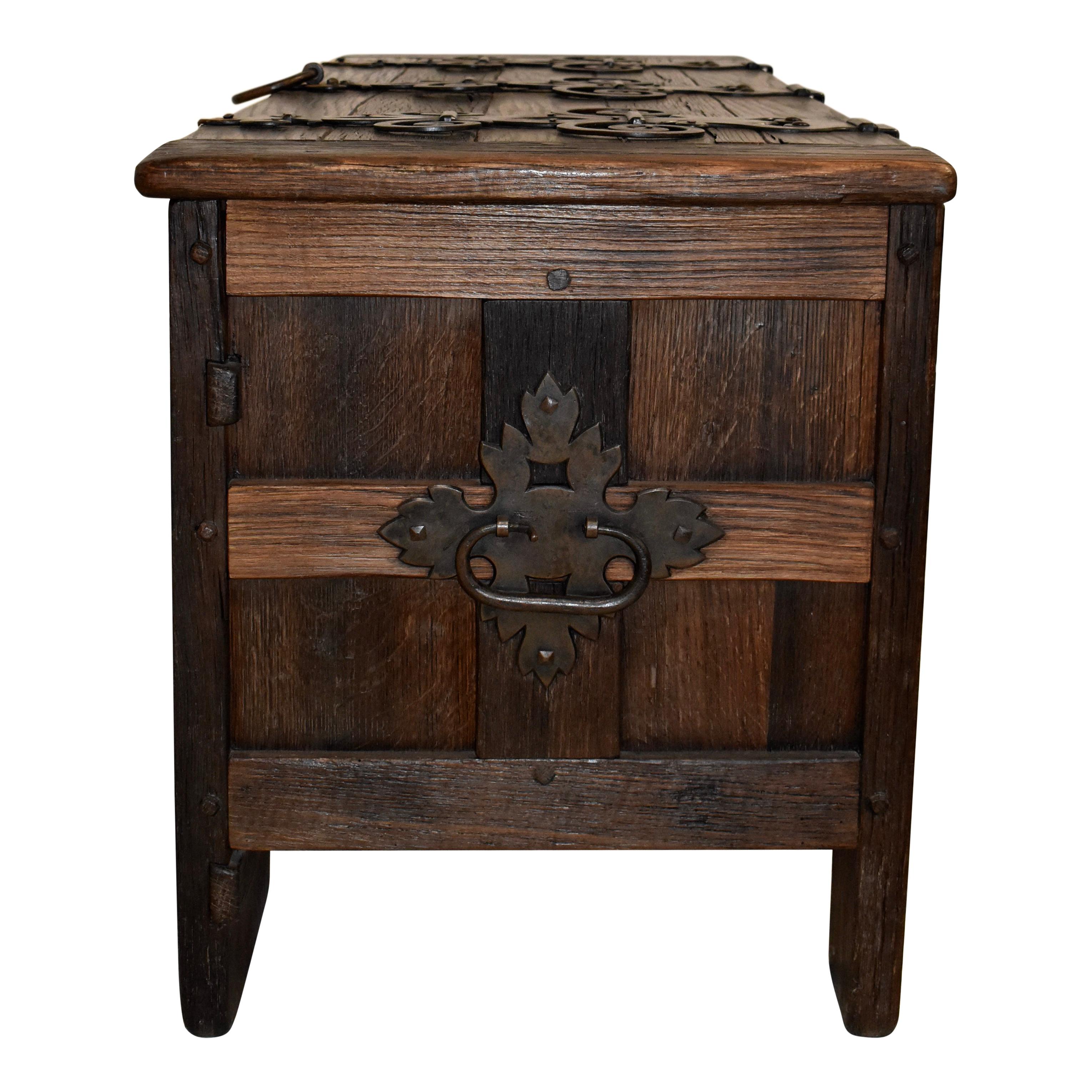 Substantial Carved Oak Trunk with Iron Accents For Sale 4