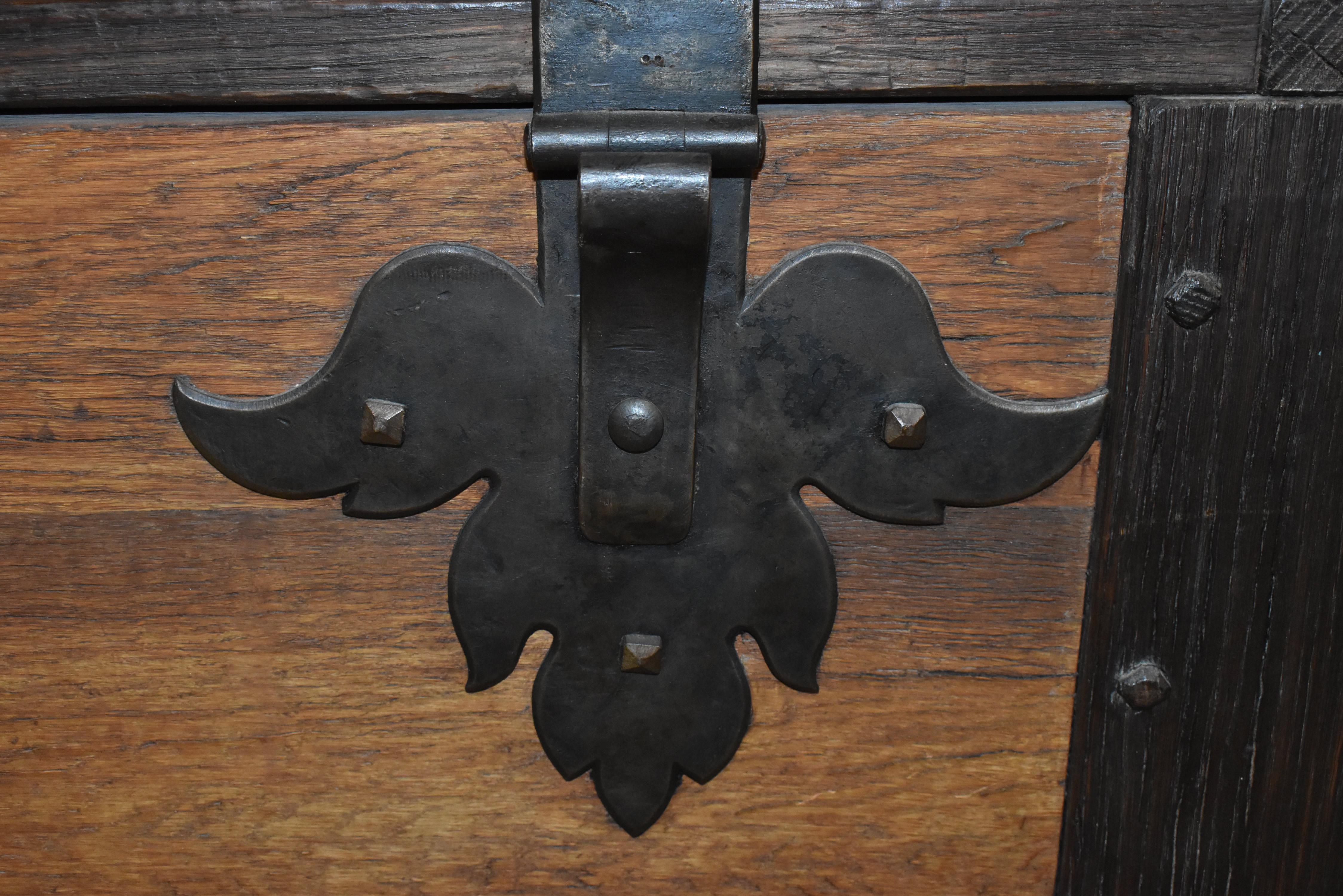 Substantial Carved Oak Trunk with Iron Accents For Sale 6