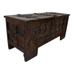 Substantial Carved Oak Trunk with Iron Accents