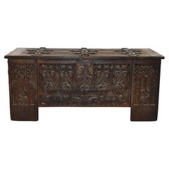 Vintage Substantial Carved Oak Trunk with Iron Accents