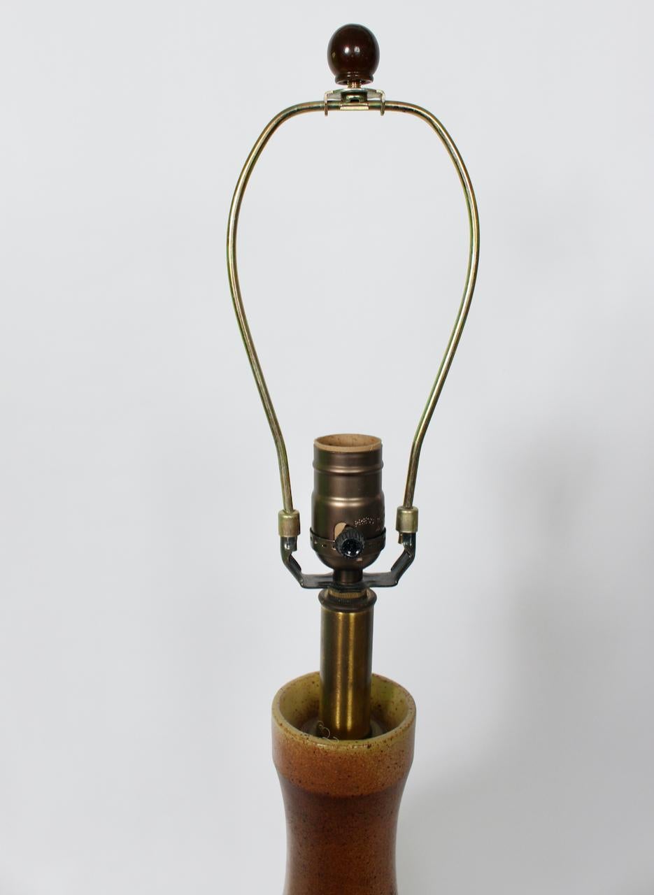 Glazed Substantial David Cressey Pale Olive & Umber Art Pottery Table Lamp, 1960's For Sale