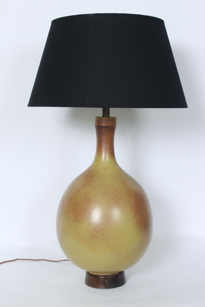 Ceramic Substantial David Cressey Pale Olive & Umber Art Pottery Table Lamp, 1960's For Sale