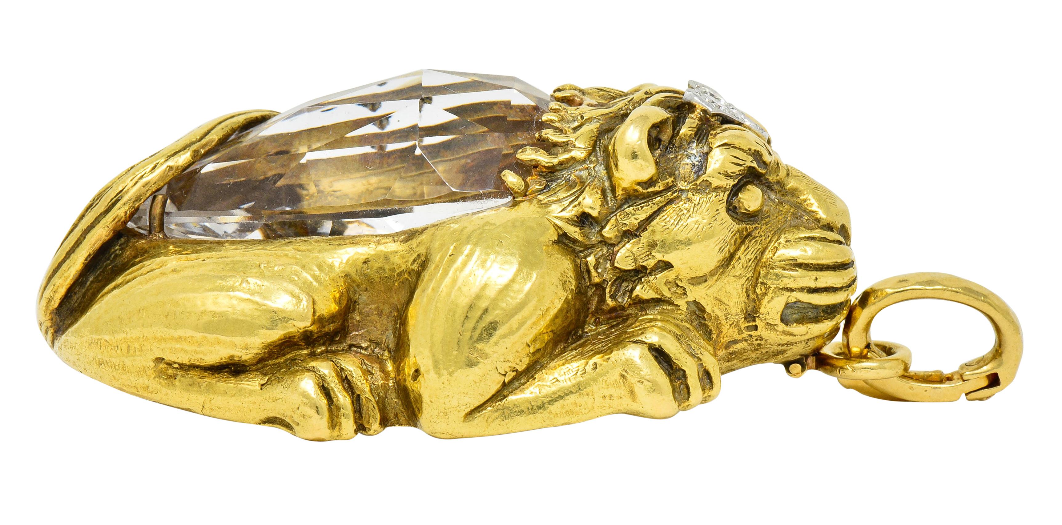 Substantial David Webb Diamond Rock Crystal 18 Karat Gold Lion Pendant Brooch 4