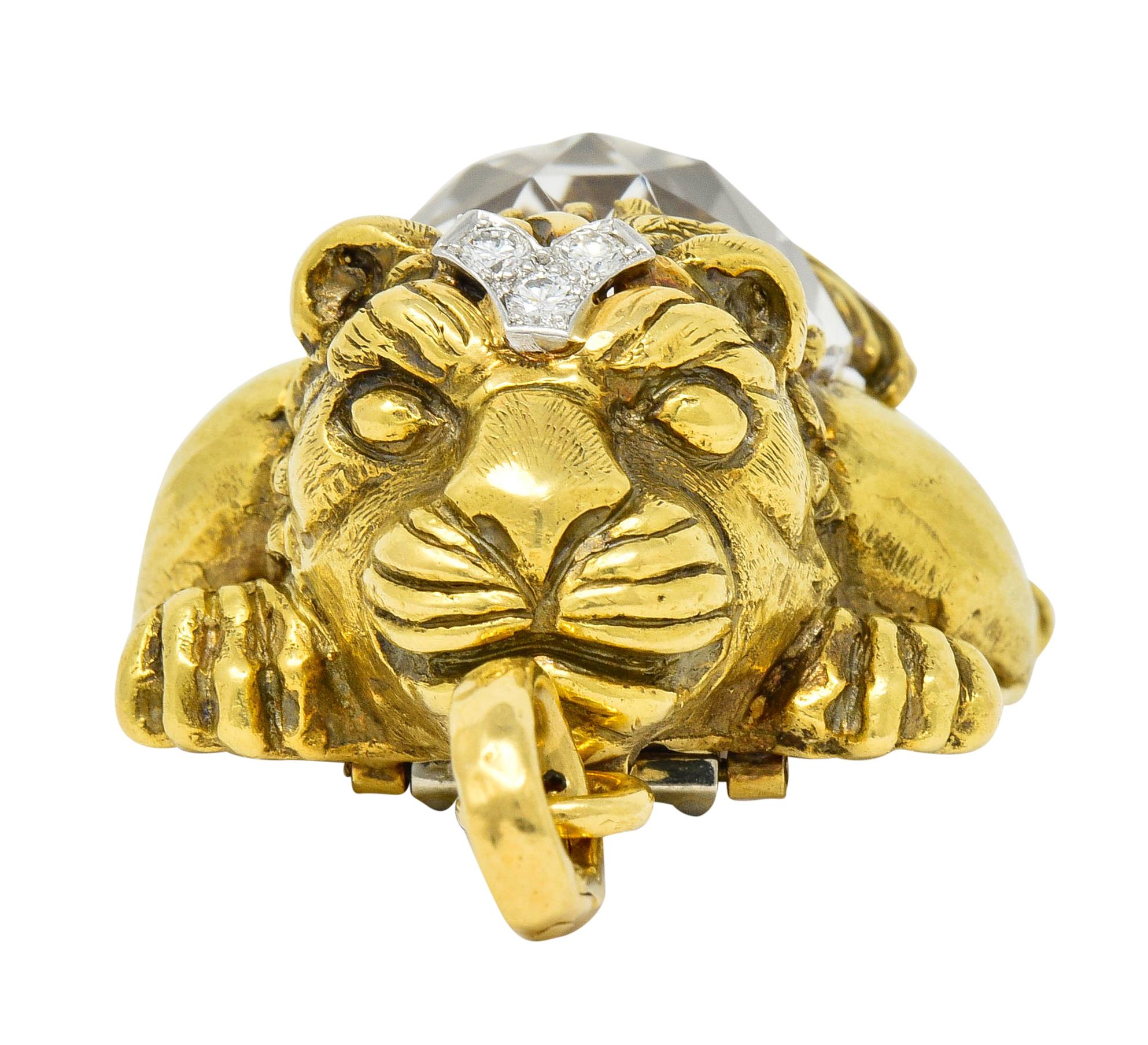 Contemporary Substantial David Webb Diamond Rock Crystal 18 Karat Gold Lion Pendant Brooch