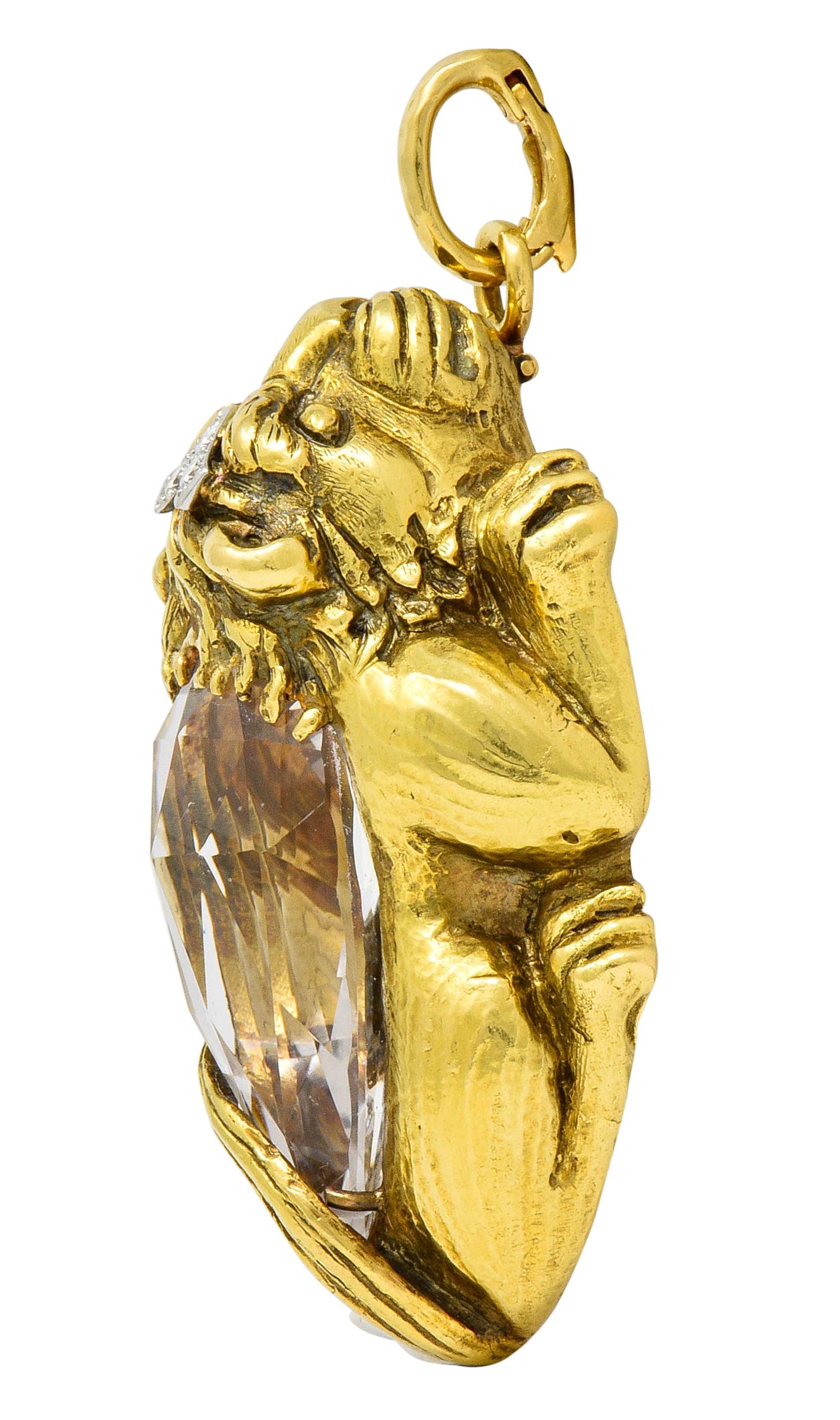 Pear Cut Substantial David Webb Diamond Rock Crystal 18 Karat Gold Lion Pendant Brooch