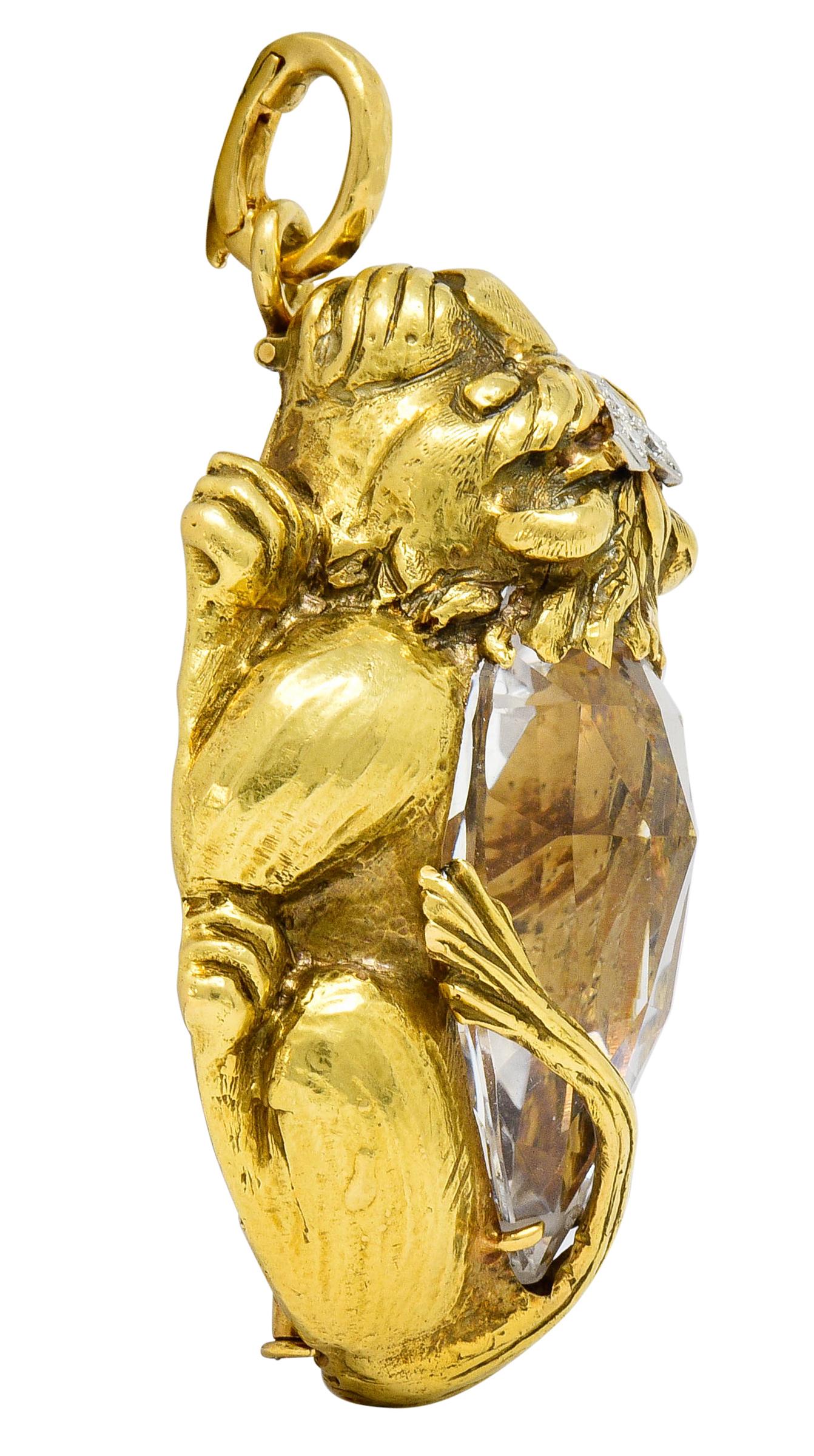 Substantial David Webb Diamond Rock Crystal 18 Karat Gold Lion Pendant Brooch In Excellent Condition In Philadelphia, PA