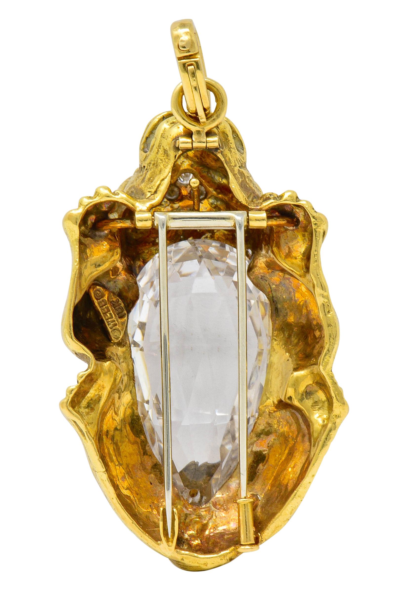 Women's or Men's Substantial David Webb Diamond Rock Crystal 18 Karat Gold Lion Pendant Brooch