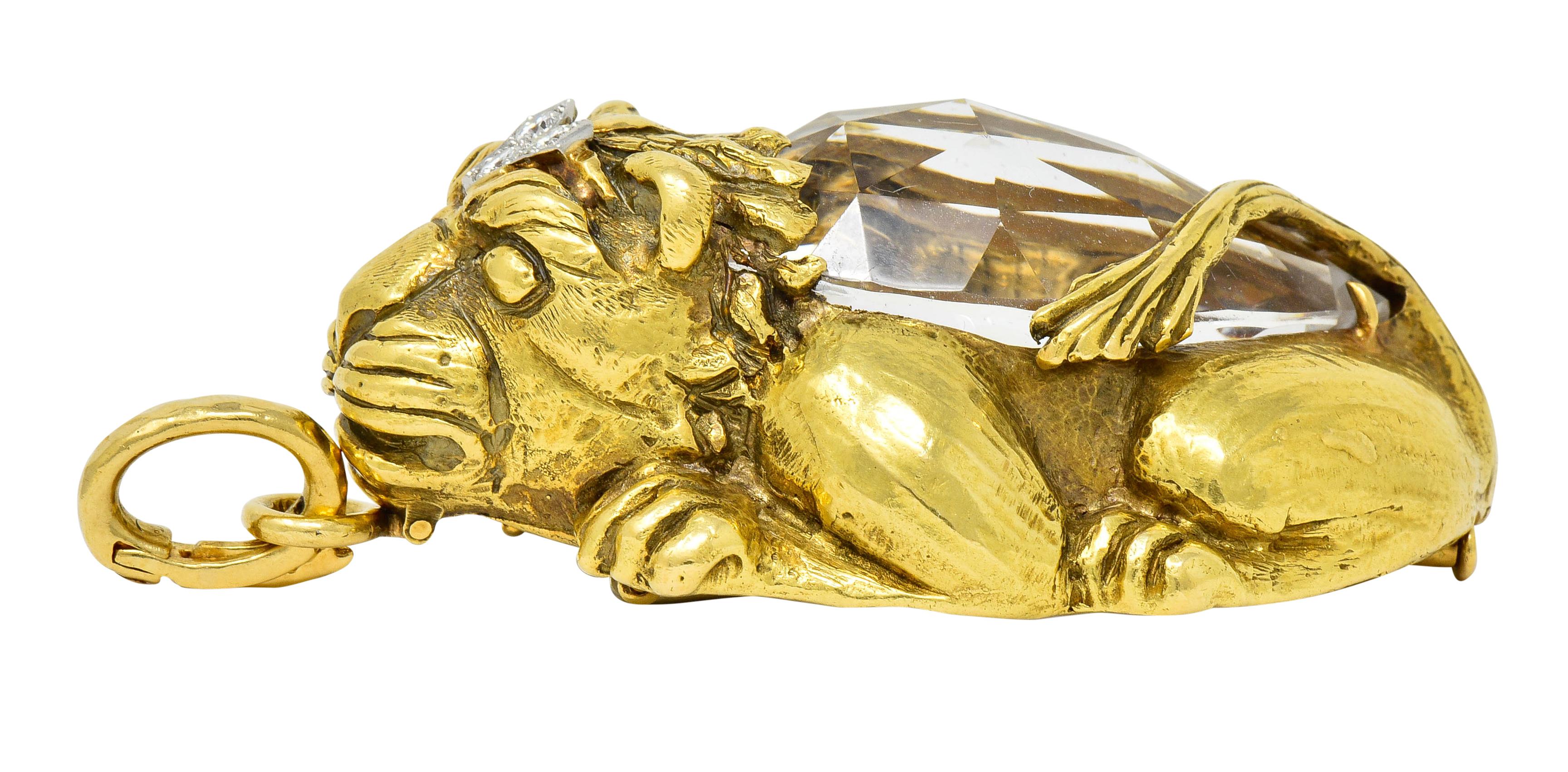 Substantial David Webb Diamond Rock Crystal 18 Karat Gold Lion Pendant Brooch 2
