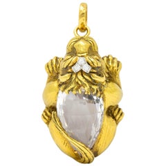 Vintage Substantial David Webb Diamond Rock Crystal 18 Karat Gold Lion Pendant Brooch