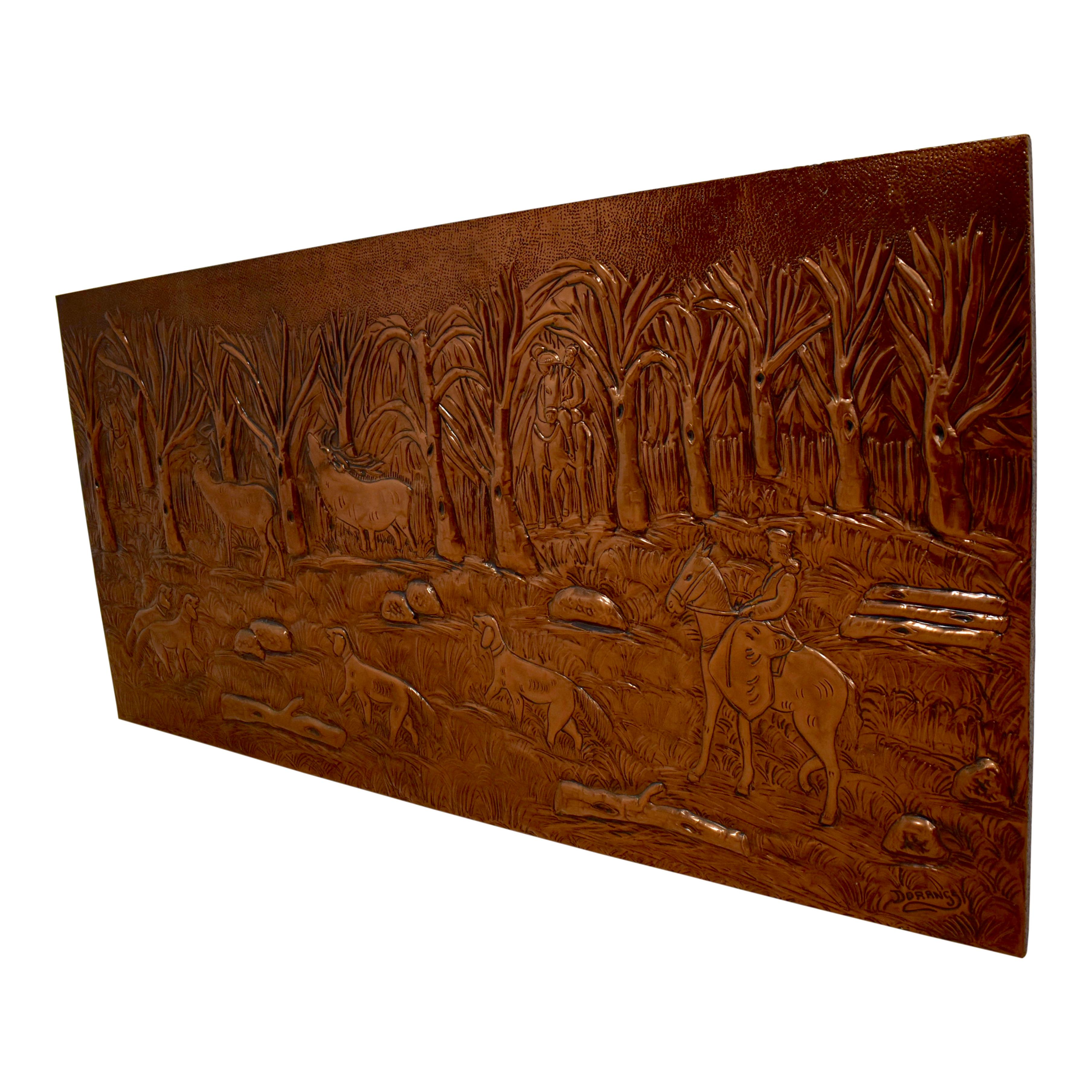 European Substantial Decorative Copper Panel with Hunt Scene For Sale