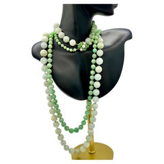 Sostanziosa collana di perle di giada naturale a doppio filo con diamanti e perle 14k Cl