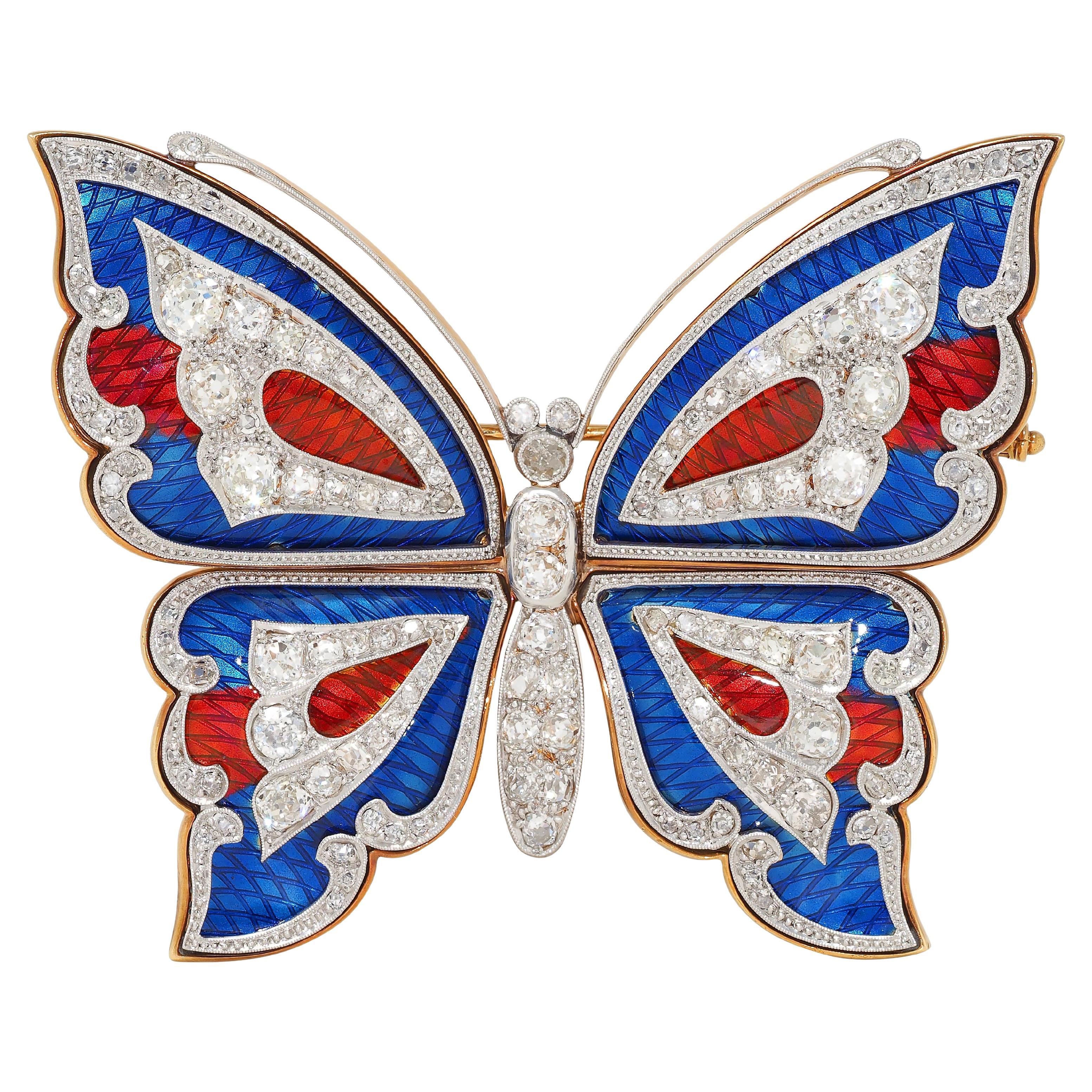 Substantial Edwardian Diamond Enamel Platinum 18K Gold Antique Butterfly Brooch